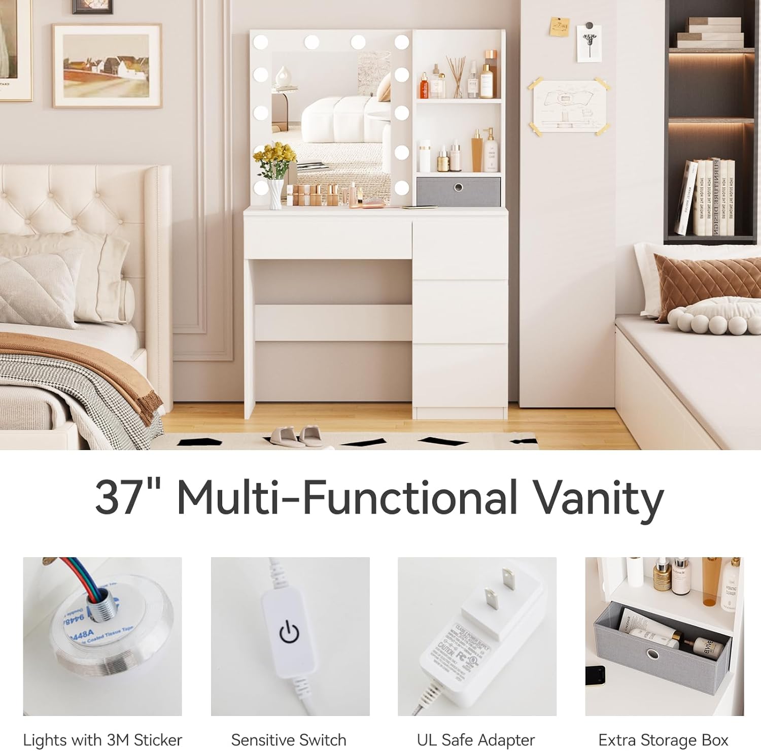 Diagram showing the dimensions of the vanity desk and its individual components, including drawers, mirror, and shelves.