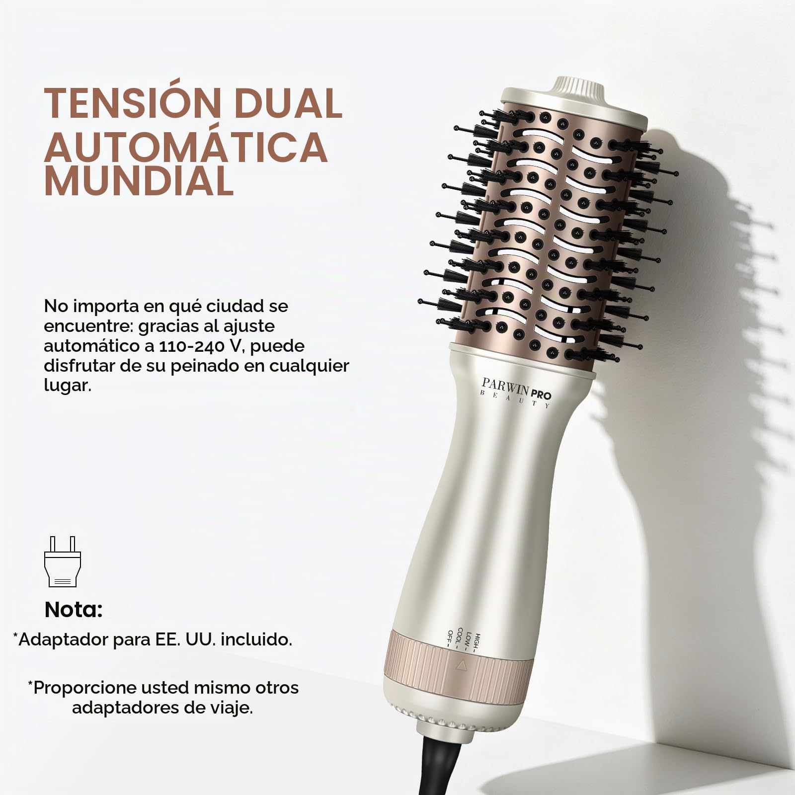 Mini cepillo de aire caliente de viaje, PARWIN PRO BEAUTY cepillo ovalado con doble voltaje automático 110–240 V, sin cambio manual, tecnología iónica, 3 temperaturas, enchufe UE y adaptador US