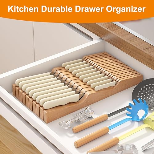 Miniatura 5 de Soporte para cuchillos de bambú, organizador de cajones de cuchillos en el cajón, organizador de cuchillos con capacidad para hasta 19 cuchillos (no