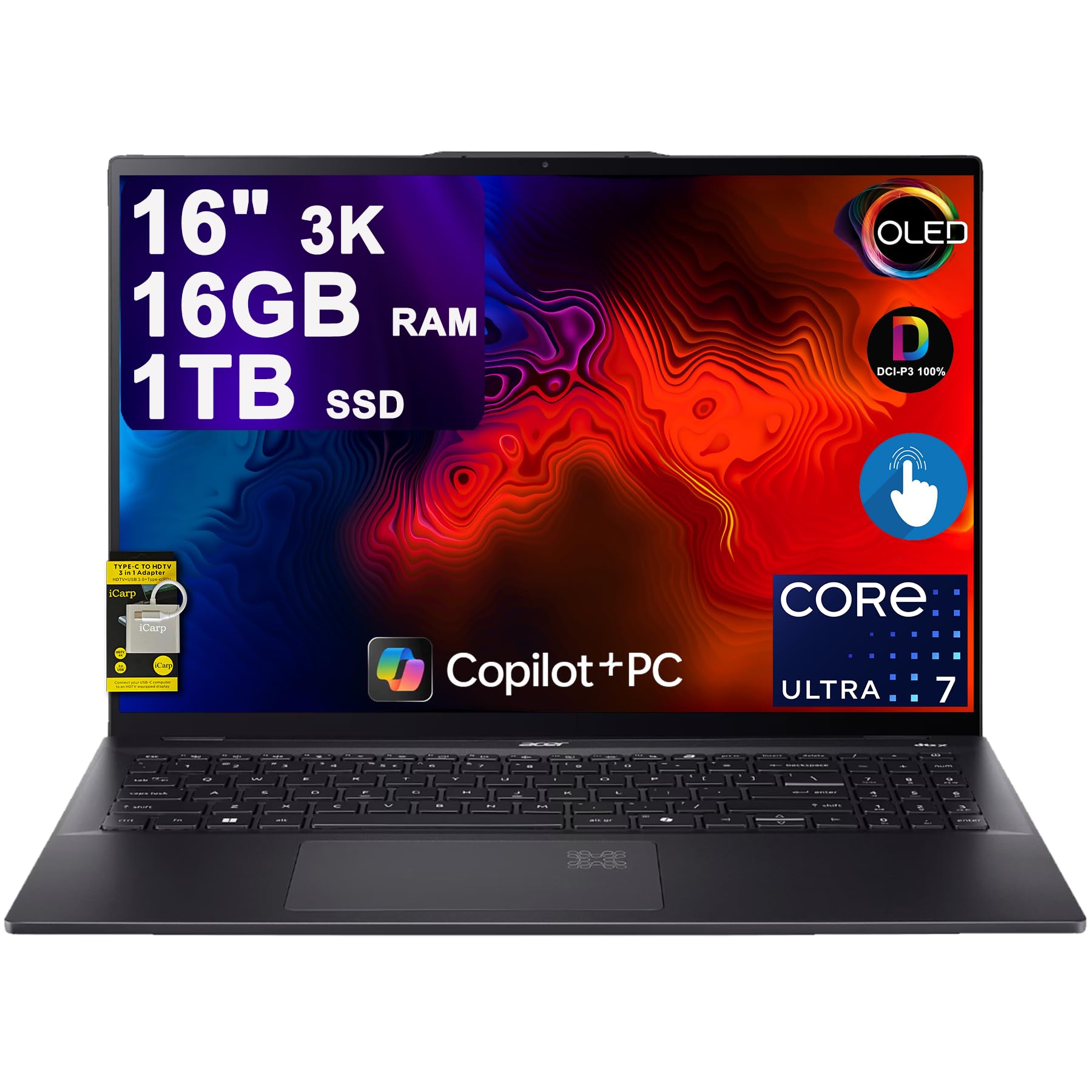 Swift 16 AI Laptop 16" 3k OLED 120Hz Touch (100% DCI-P3) Intel 8-core Ultra 7 256V (Up to 47 Tops) 16GB RAM 1TB SSD Backlit Fingerprint for Creator Business Professional Win11 ICP Hub w/Copilot+