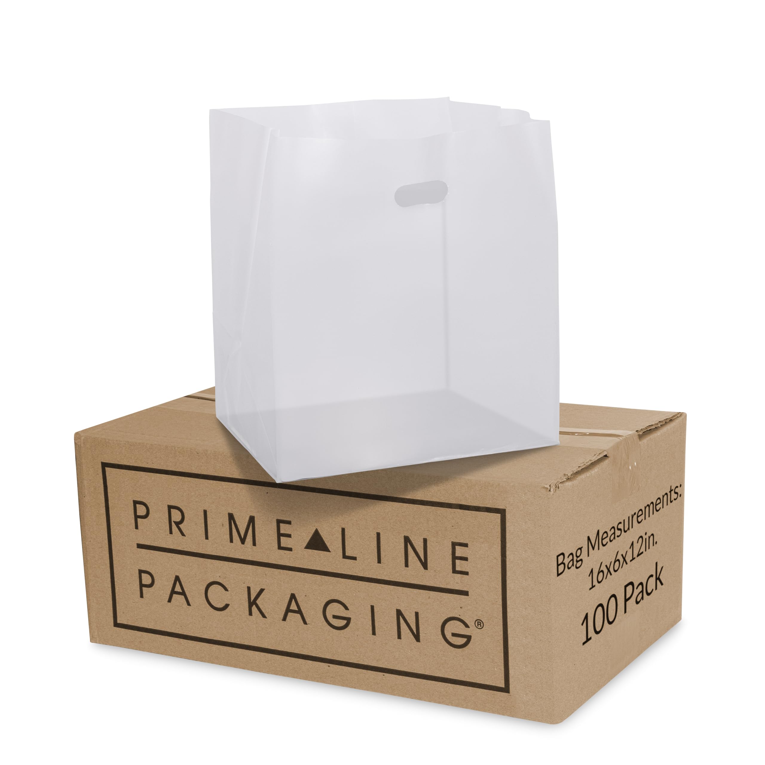 Prime Line Packaging White Plastic Bags, Shopping Bags with Die Cut Handles for Restaurants, Food To Go, Bread, Take Out Goodies, Small Business, Bulk, 13x10x15, 100 Pack