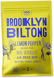 Brooklyn Biltong - Air Dried Grass Fed Beef Snack, South African Beef Jerky - Whole30 Approved, Paleo, Keto, Gluten Free, Sugar Free, Made in USA - 2 oz (Lemon Pepper)