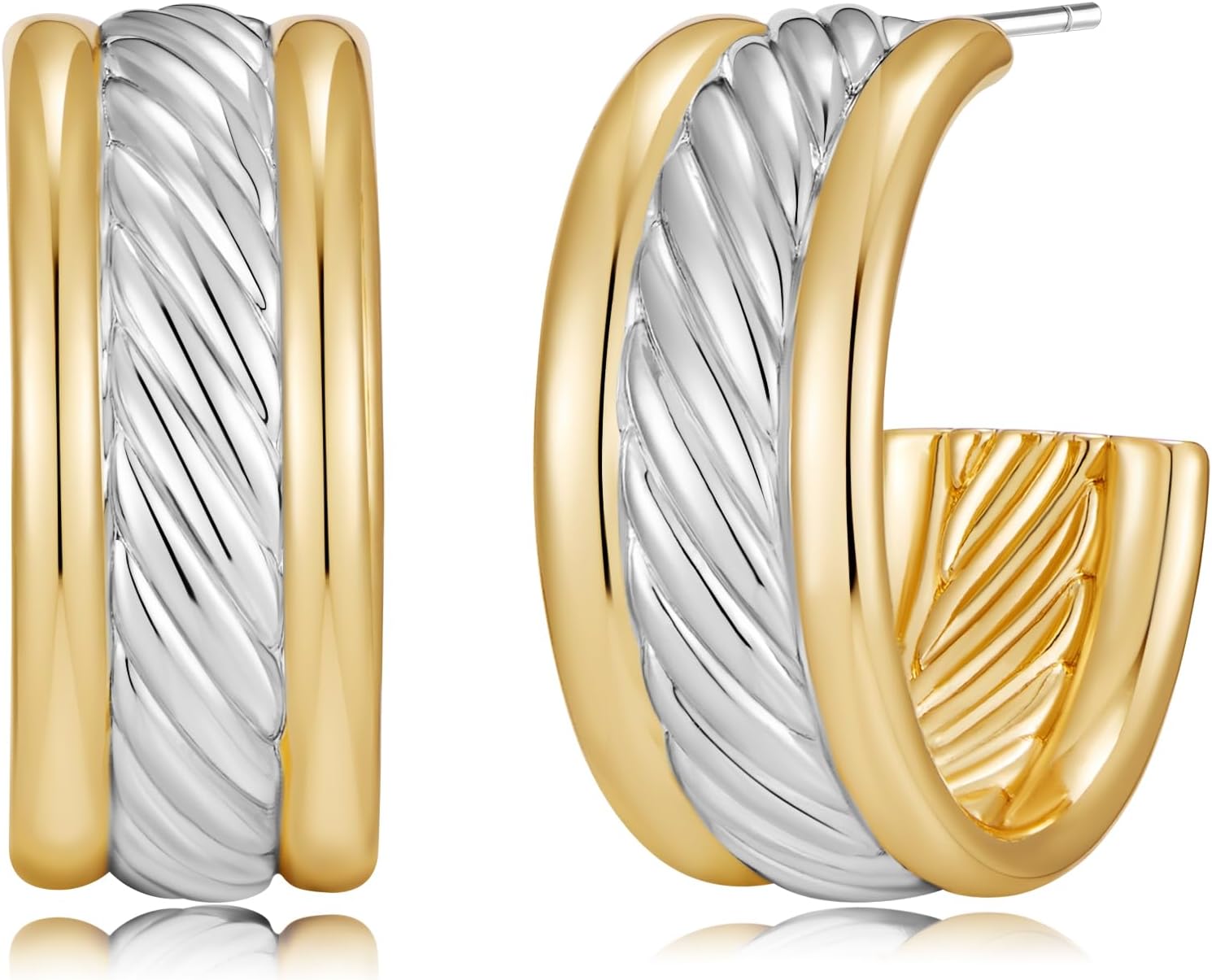 SHANTYSON Two Tone Hoop Earrings for Women Silver and Gold Plated Twisted Cable Open C Hoops Chic Hypoallergenic Earring Mixed Metal Jewelry