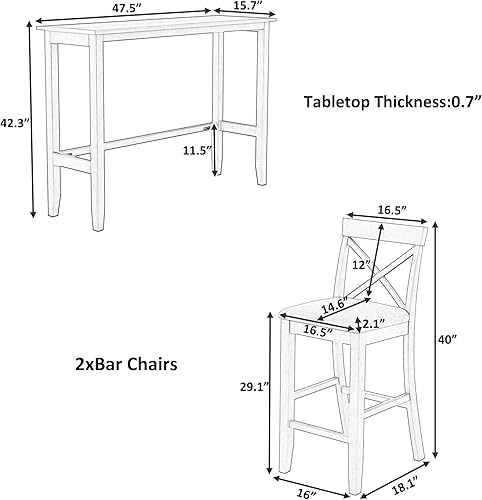 Miniatura 9 de Polibi Juego de comedor de 3 piezas de altura de barra con mesa de bar rectangular de 47.5 pulgadas y 2 sillas acolchadas para comedor, cocina,