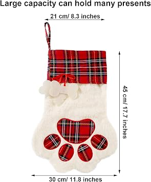 Jetec 2 Pcs Christmas Pet Stockings Paw Pattern Plush Decor,Red and Green | 17.7 Inch for Fireplace or Tree, Buffalo Plaid Cuff Sherpa, Cat Dog Paw Applique, Hanging Loop, Holiday Party Home Decoration