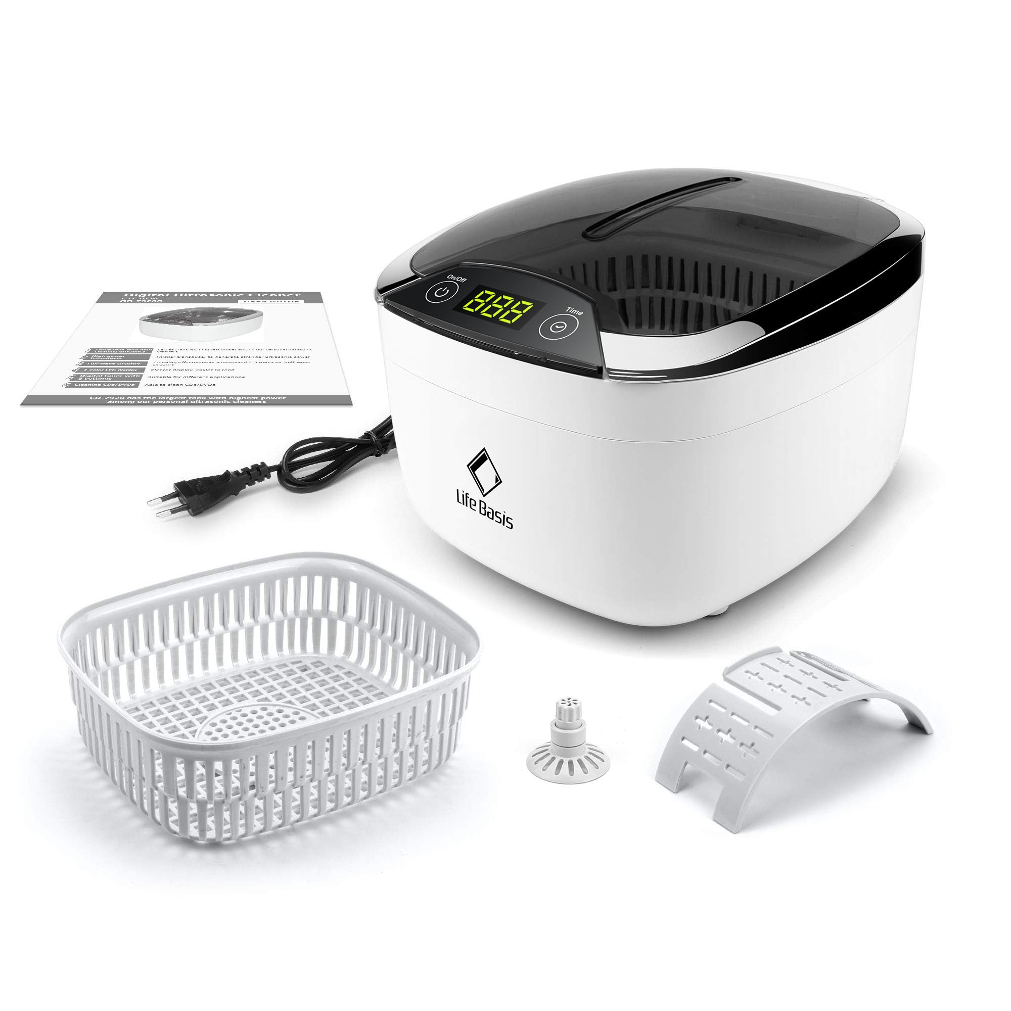 LifeBasis Ultradźwiękowe urządzenie do czyszczenia ultradźwięków, 850 ml, cyfrowe urządzenie z oświetleniem LED, do czyszczenia pasty zębów, okularów, płyt CD, DVD, biżuterii, zegarków, e-papierosów, wielokrotnego użytku