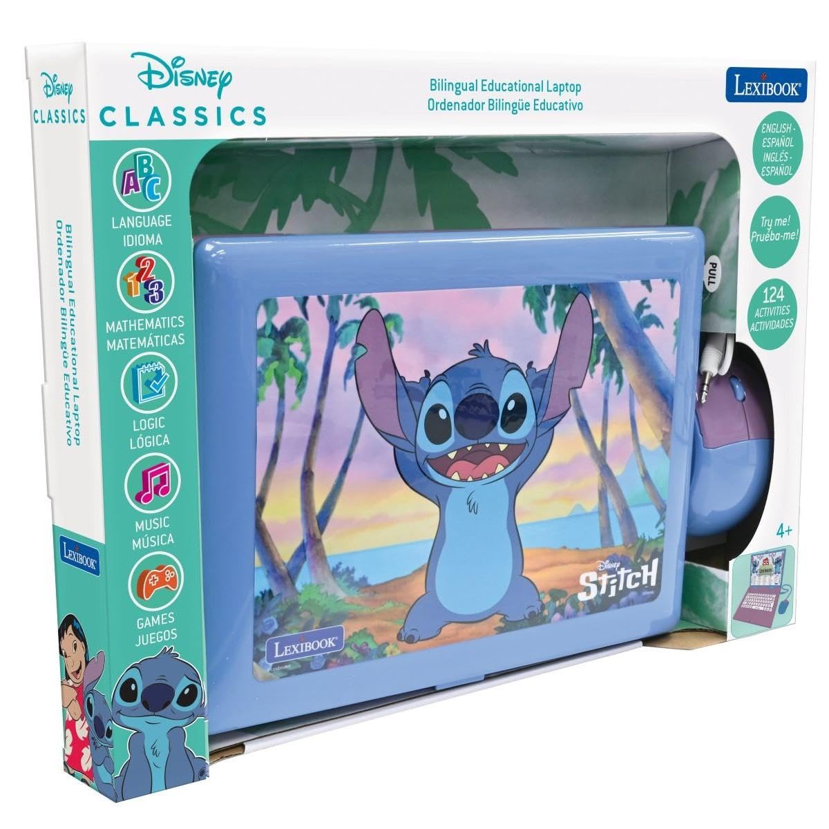 Lexibook, Disney Stitch JC598Di2LXB Ordinateur Portable éducatif bilingue Anglais/Espagnol, 124 activités de Langue, écriture, mathématiques, logique, Musique et Jeux pour Enfants
