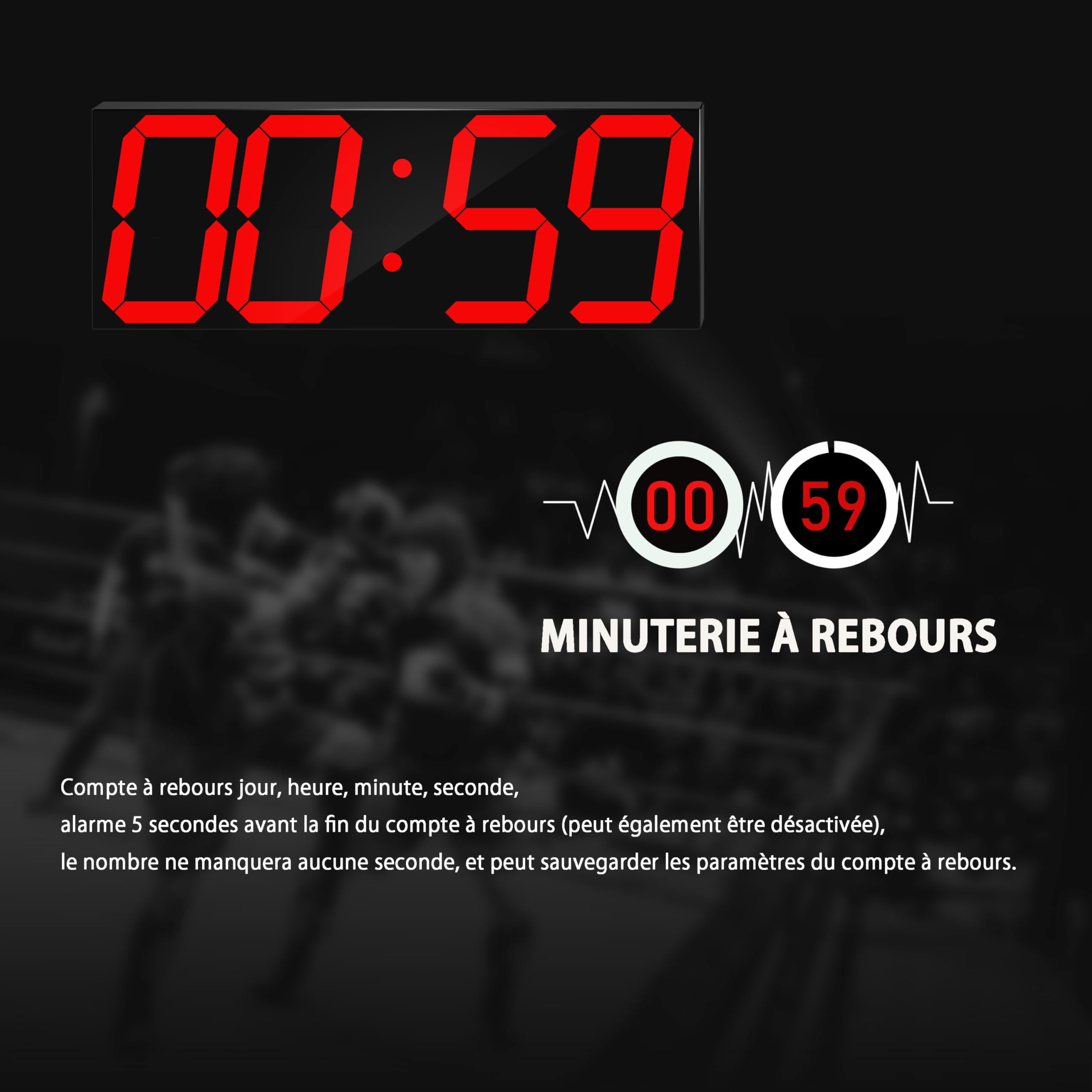 CHKOSDA Grande horloge murale LED numérique 18 pouces compte à rebours 8 niveaux luminosité réglables affichage 12/24 heures indicateur température calendrier rouge