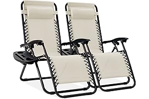 Set of Two Zero Gravity Lounger Set with Pillows and Cup Holder Trays in Ivory