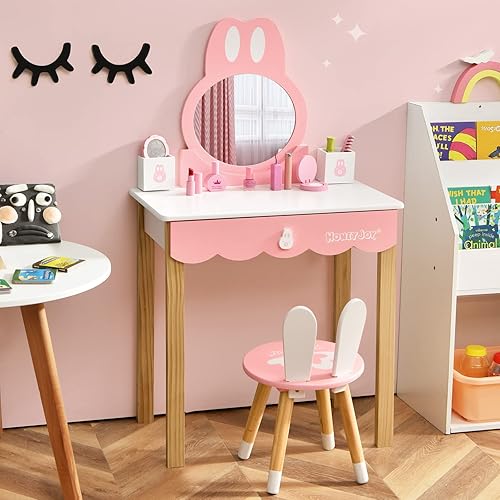 Miniatura 14 de HONEY JOY Juego de mesa y silla de maquillaje de madera con temática de conejo para niños pequeños con 2 cajones grandes, patas de madera de haya,