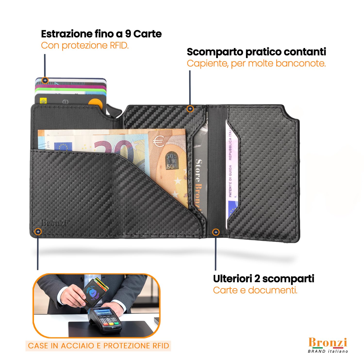 Bronzi Portafoglio Portafoglio Uomo Slim - In Pelle Marrone - Porta Carte Credito - Portacarte uomo - Mini Porta Tessere (𝐌𝐀𝐆𝐍𝐄𝐓𝐈𝐂 𝐂𝐀𝐑𝐁𝐎𝐍.)