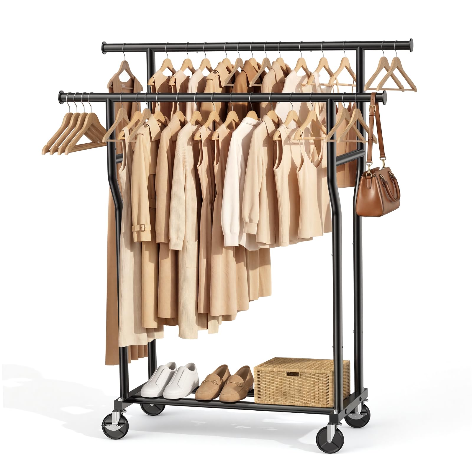 Clothes Rack Double Rods Rolling Clothing Rack for Hanging Clothes Load 260 LBS Closet Rack with Wheels Metal