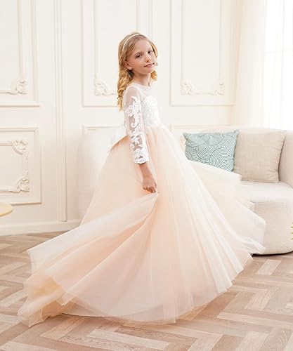 Miniatura 4 de Vestido de princesa de manga larga con encaje de marfil blanco para niña de flores, vestido de desfile GZY202