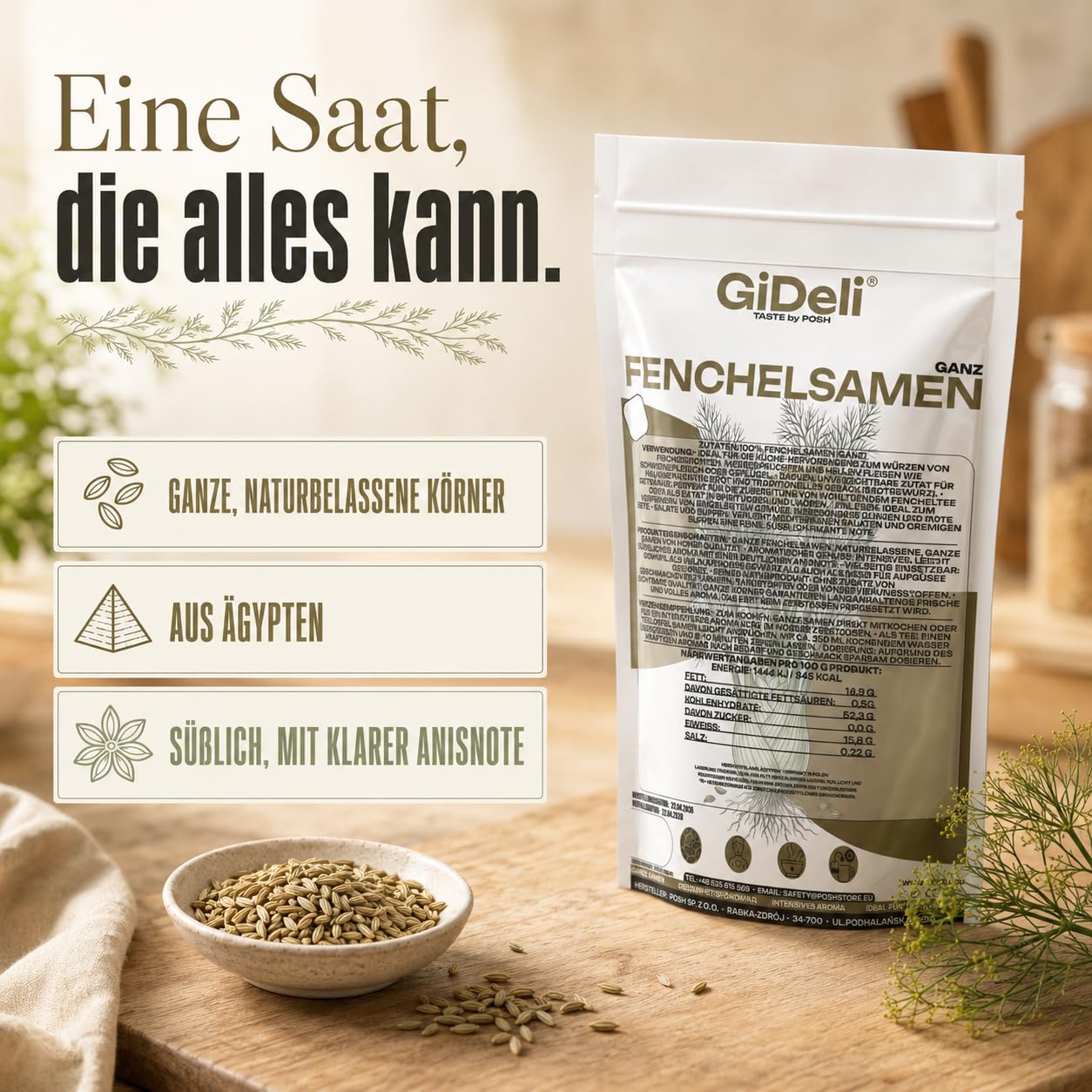GiDeli Fenchelsamen Ganz aus Ägypten 3x5kg - 100% Naturrein & ohne Zusatzstoffe - Premium Fenchelsaat für Fencheltee, Kräutertee & Brotgewürz - Mediterrane Würze mit Anisnote