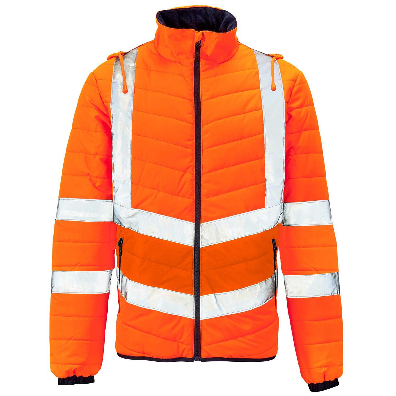 Expert Workwear Men's Orange Hi Vis Two Tone Puffer Jacket Hooded Work Reflective Utility High Visibility Viz Padded Outerwear Workwear Lightweight Water-Resistant Quilt Lining