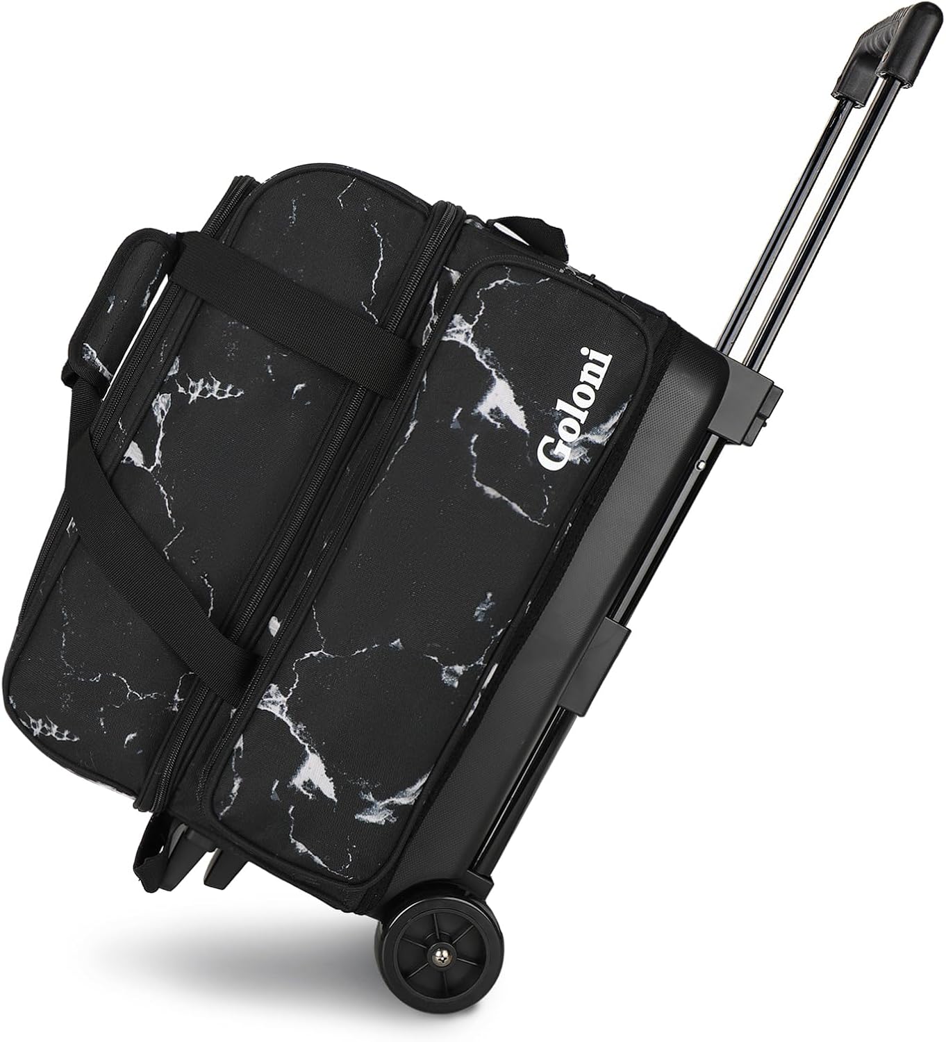 goloni double roller 2 ball bowling bag with separate shoe compartment,2 ball bowling bag with wheels,retractable handle extends to 40" marble
