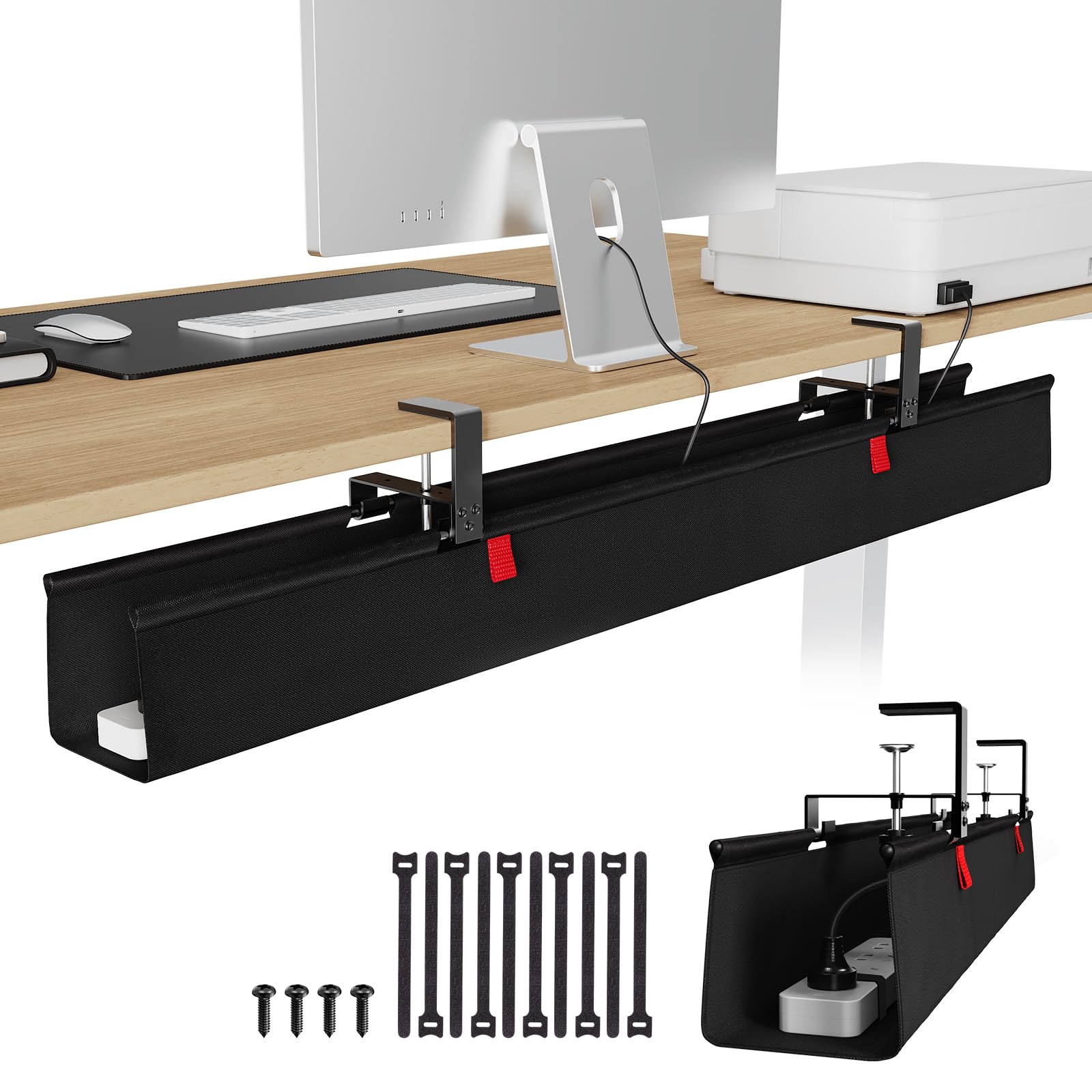 KEEGH Extra Large 48" Under Desk Cable Management Tray - Under Desk Cord Management - Clamp/Screw Mount - Support Upto 70lbs - Fabric Wire Management - Cable Raceways Tray Cord Hiders for Office/Home