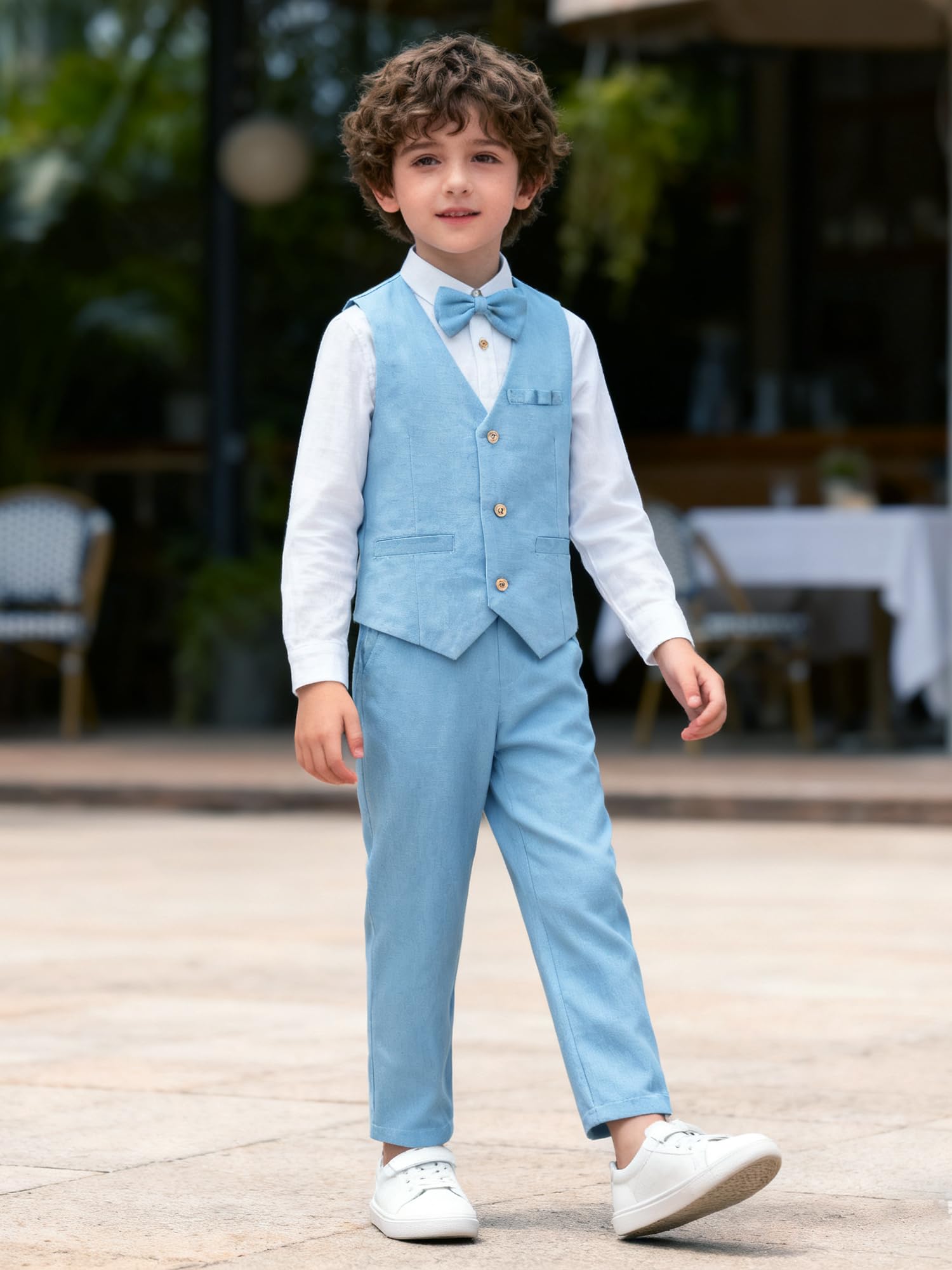LOLANTA Jungen Leinenanzug Kleid Kleidung Kinder Abschlussfeier Hochzeit Outfit 4-teiliges Hemd Weste Hosen Set mit Fliege