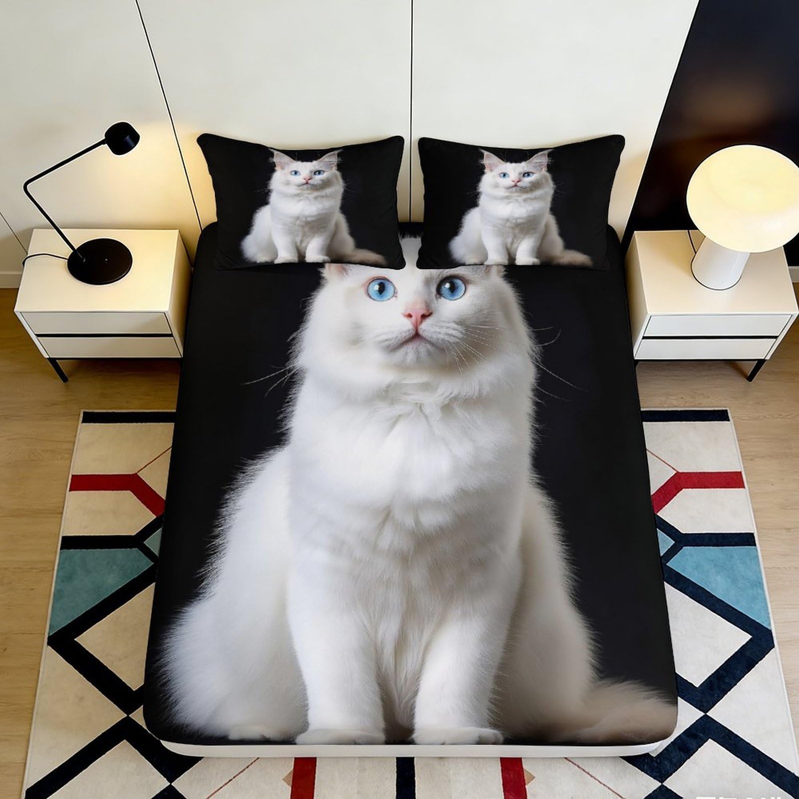 Drap-housse chat blanc en microfibre doux 3D pour lit 90x200x25 cm