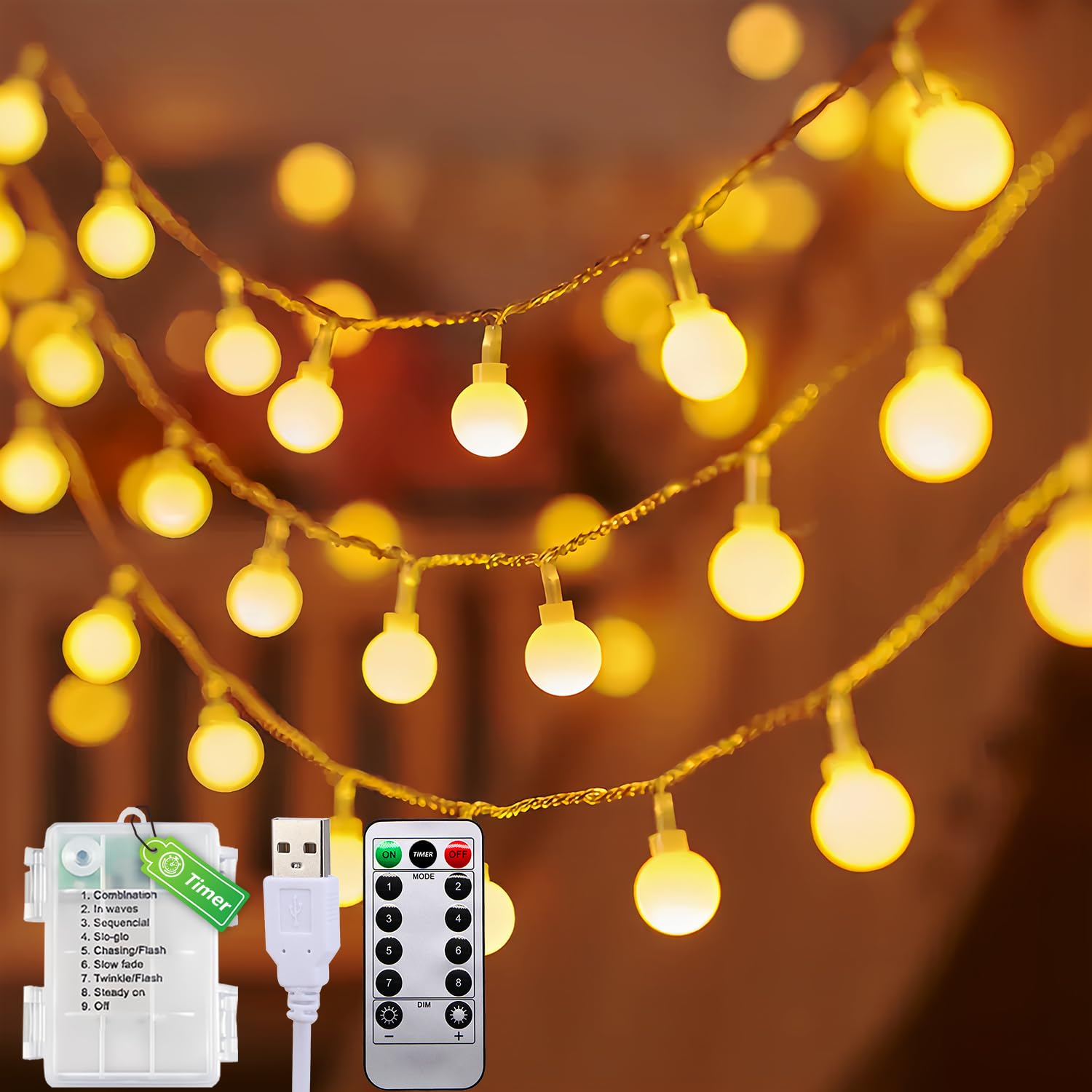 String Lights 12M+1M 100Led Decorative Lights 8 Patterns String Lights Indoor, Garland Led Battery or USB, Fairy Light with Timer Function, for Outdoor, Indoor, Garden, House, Wedding - 13M (Batteri+Usb) - Warm White Ball