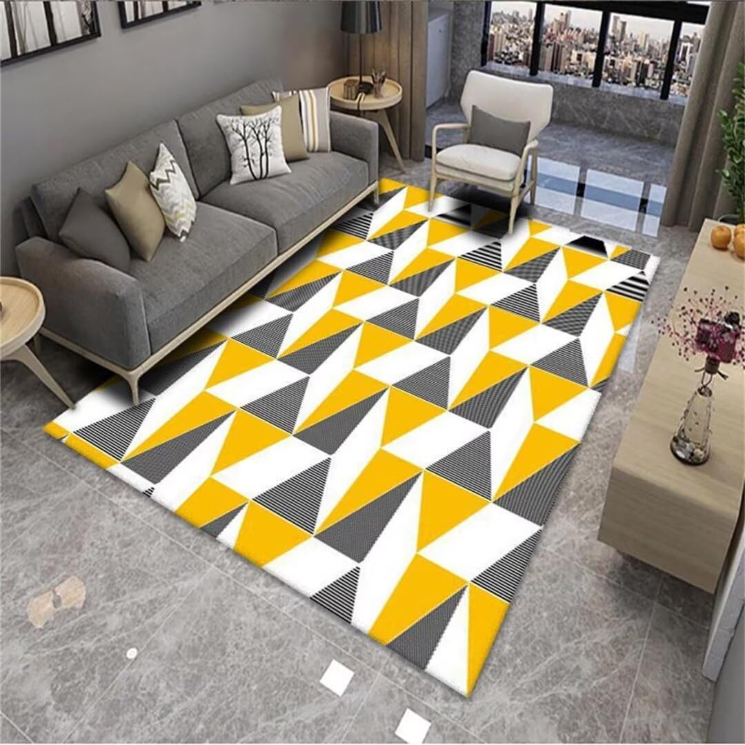 Moquette salon jaune anti-tache tapis géométrique triangulaire bicolore 130x190cm pour la maison
