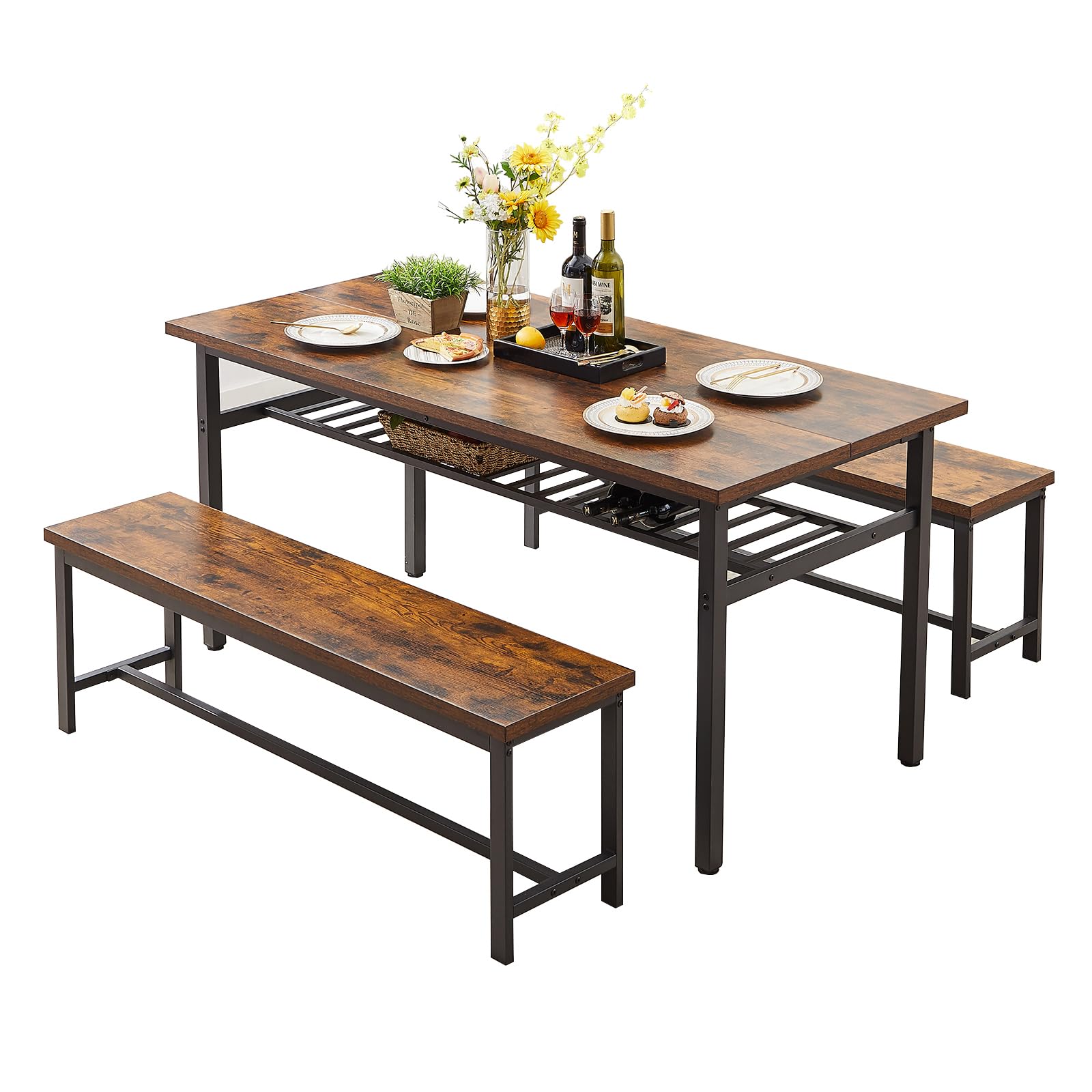 WYtek Kitchen Dining Table Set for 4-6, 3-Piece Dining Living Room Table with 2 Benches and Metal Frame & Storage Rack for Home, Restaurant, Rustic Brown