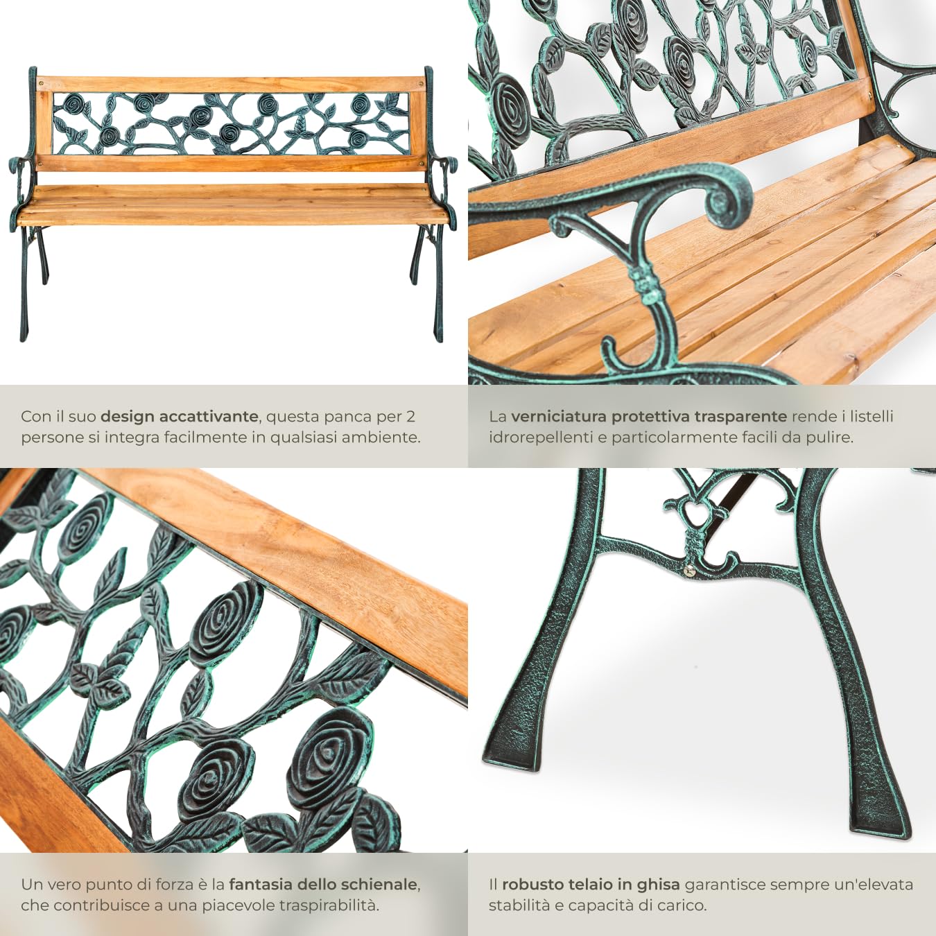 tectake Panca da Giardino in Legno e Ghisa 2 Posti con Schienale Resistente alle Intemperie 124 x 52 x 74 cm Marrone