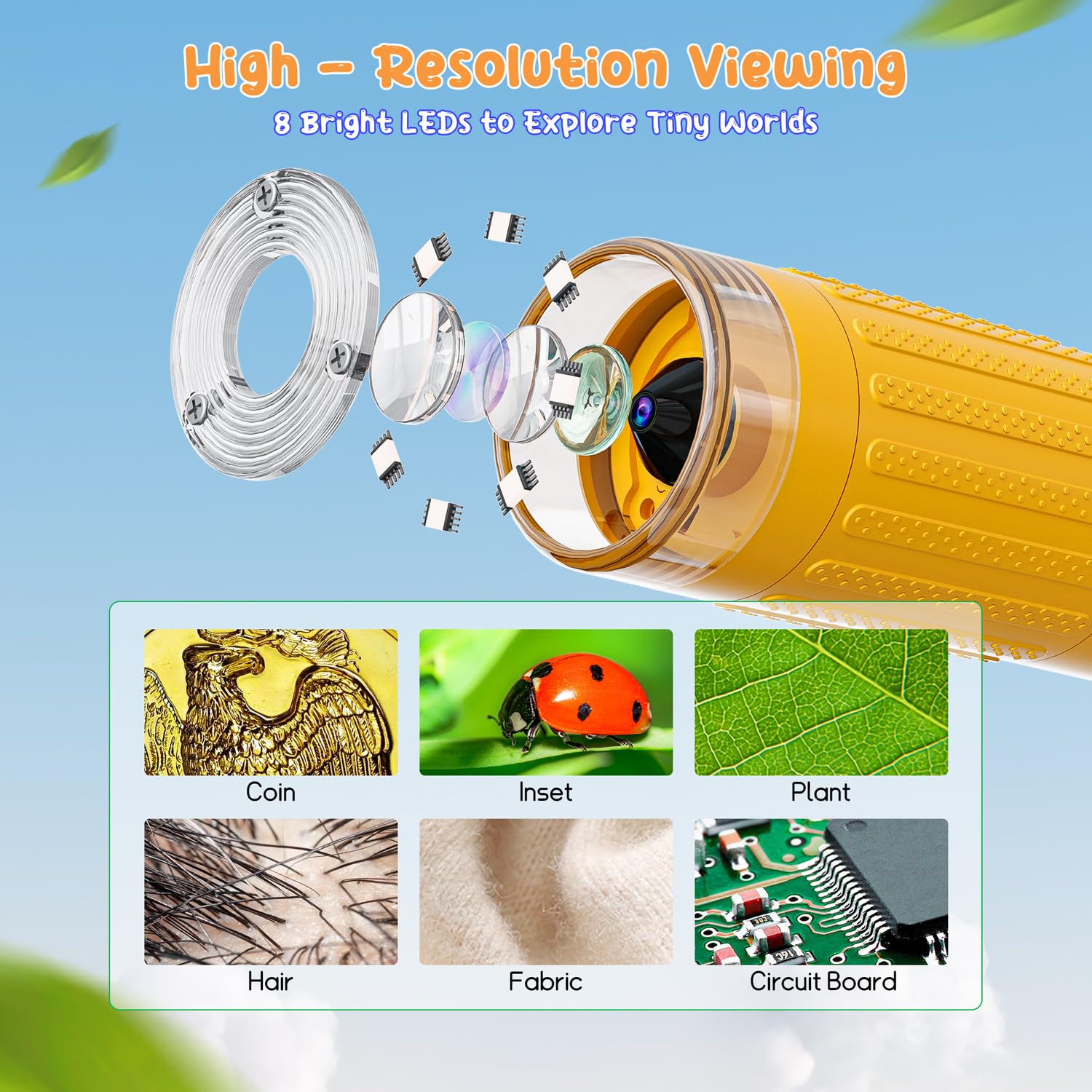 Microscope Numérique Pour Enfants Skybasic - Écran IPS 3 Pouces, Grossissement 1000x, 8 LED, Rechargeable, étui Lion Jaune - 6