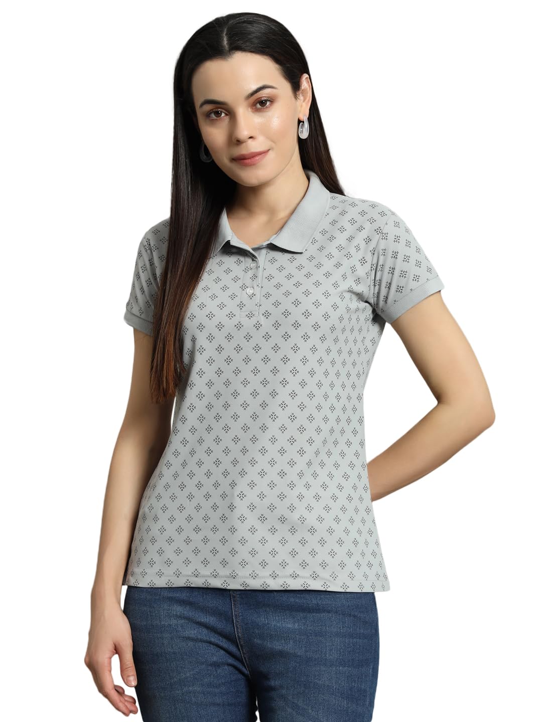 Women Printed Half Sleeves Polo Neck T-shirt-BZR2003-GREY-image-14