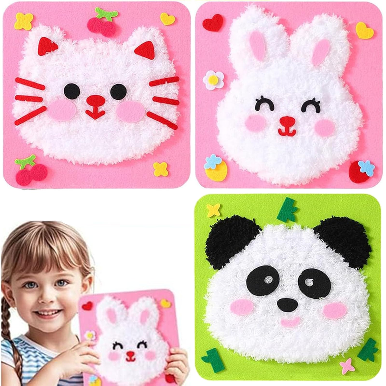 3PCS Embroidery Kit for Kids, DIY Cartoon Craft Set with 3 Animal Designs, Complete Embroidery Kit for Beginners, Includes Cat Rabbit Panda Patterns, Creative Embroidery Kit for Kids Activity