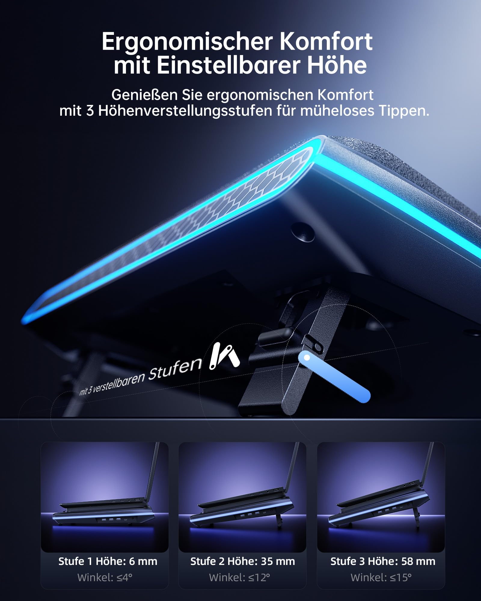 llano V12 Ultra Laptop Cooler Kühlpad mit intelligenter Softwaresteuerung, RGB Gaming Laptop Kühler intelligente Temperaturregelung 5,5 Zoll Turbo Lüfter, 3*USB 3,0 Anschlüsse für 15,6-19 Zoll Laptops