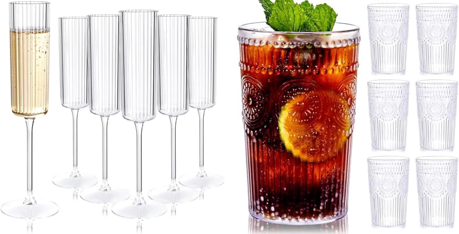 Ciaell 24 Pack Plastic Champagne Flutes - 12 Pack Romantic Plastic Water Glasses for & Parties & Weddings & Poolside & Toasting & Outdoors