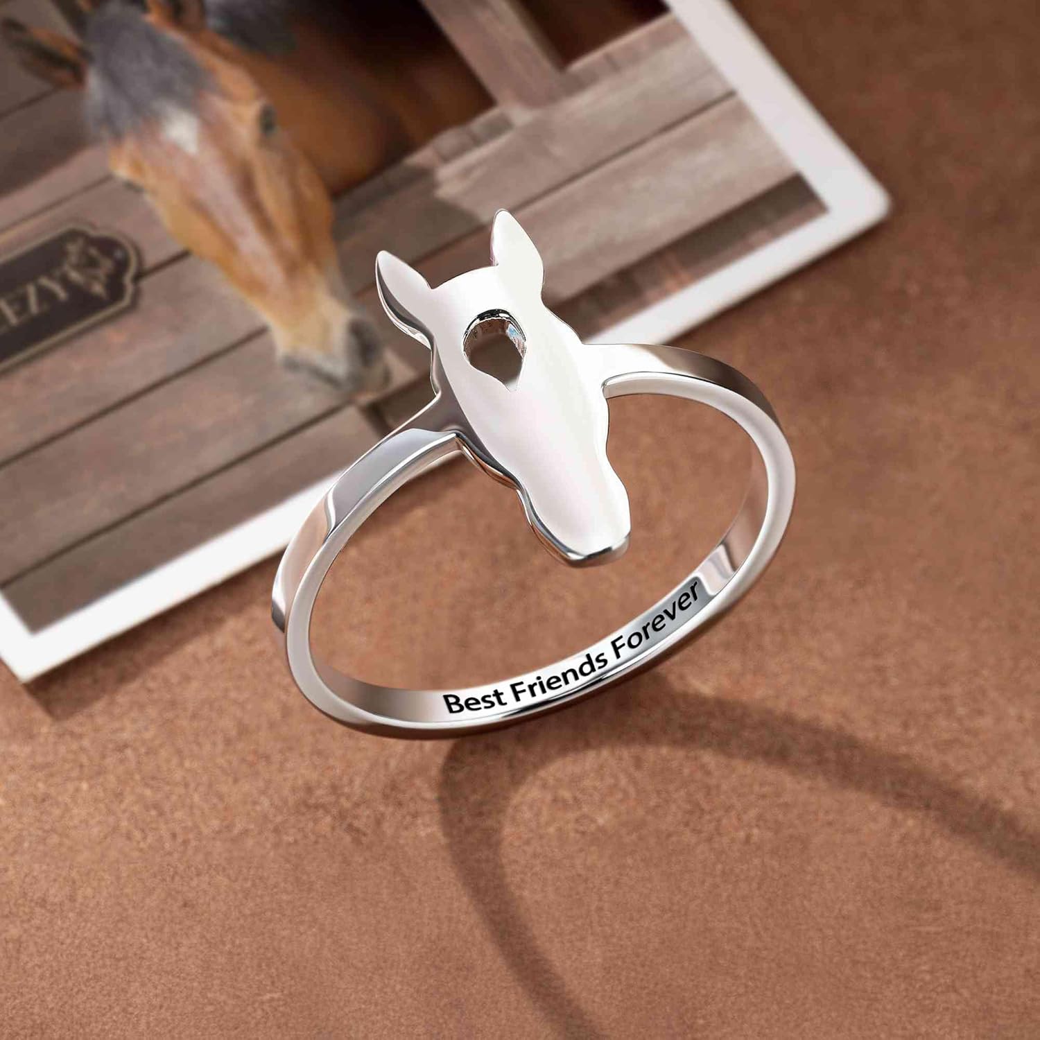 AILIN Custom Horse Ring 925 Sterling Silver/Brass Personalized Engraved Head Silhouette Cutout Horse Photo Rings Equestrian Memorial Birthday Christmas Gifts For Women Daughter Mom