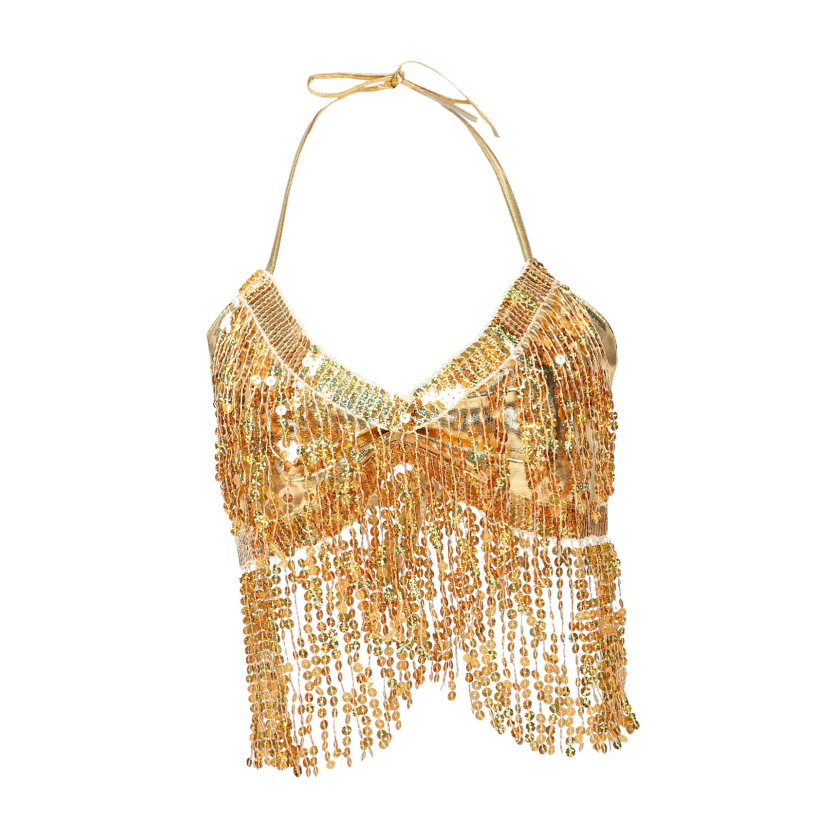NOLITOY Sequin Tassel Top for Women Glitter Halter Top for Belly Dancing Rave Party and Festival Costume Sparkly Fringe Design for Halloween and Performance