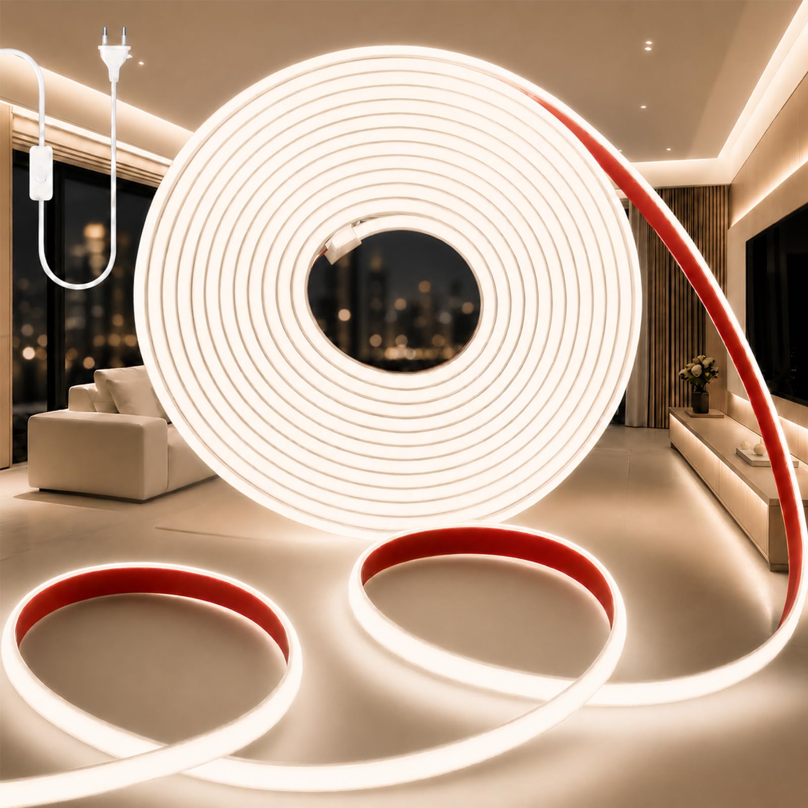 Striscia LED COB da 230 V, impermeabile, IP65, autoadesiva, per esterni, 320 LEDS/M, con alimentatore di rete, per interni ed esterni, bianco neutro, 10 m
