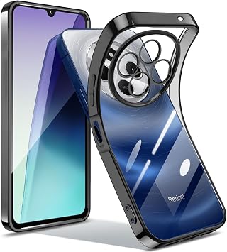 Xiaomi Redmi 14C Case, Clear, Smartphone Case, Redmi 14C, Shockproof, Cute, TPU, 14C, Transparent, US Military MIL Standard, Lightweight, Thin, Scratch-Resistant, Shock-Absorbing, Soft, Easy to Put On and Take Off, Protective Cover Black
