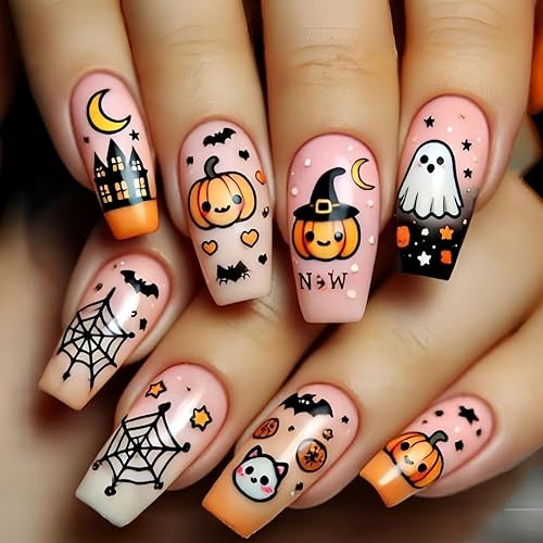 Miniatura 117 de Uñas postizas a presión de Halloween, cuadradas, medianas, con diseños de telaraña, parches coloridos, punta francesa, uñas acrílicas, uñas