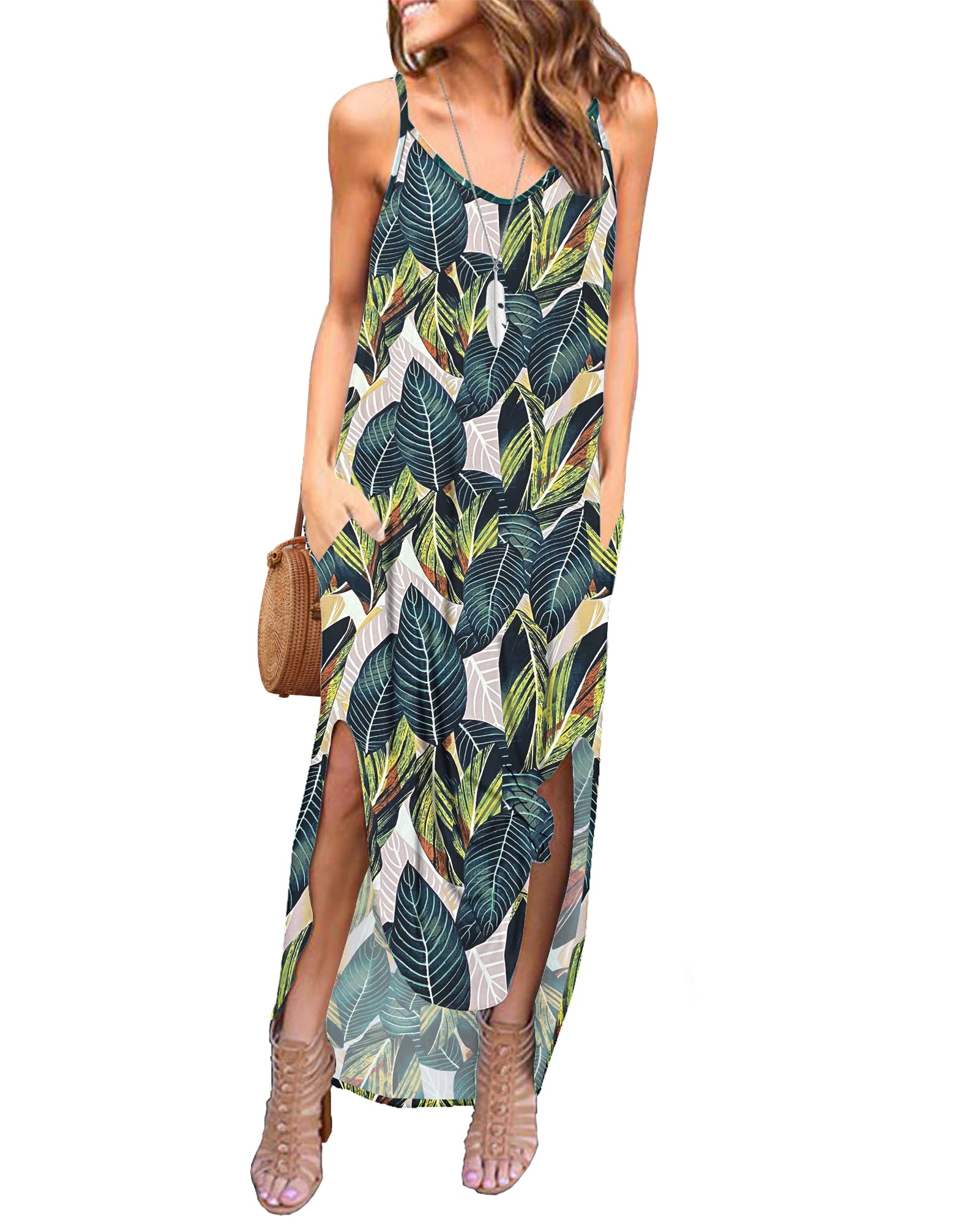 AUSELILY Vestido Largo para Mujer Verano Vestido Playa Sin Mangas Cuello V Maxi Vestido Informal Sexy Bohemio Floral Vestido con Bolsillos