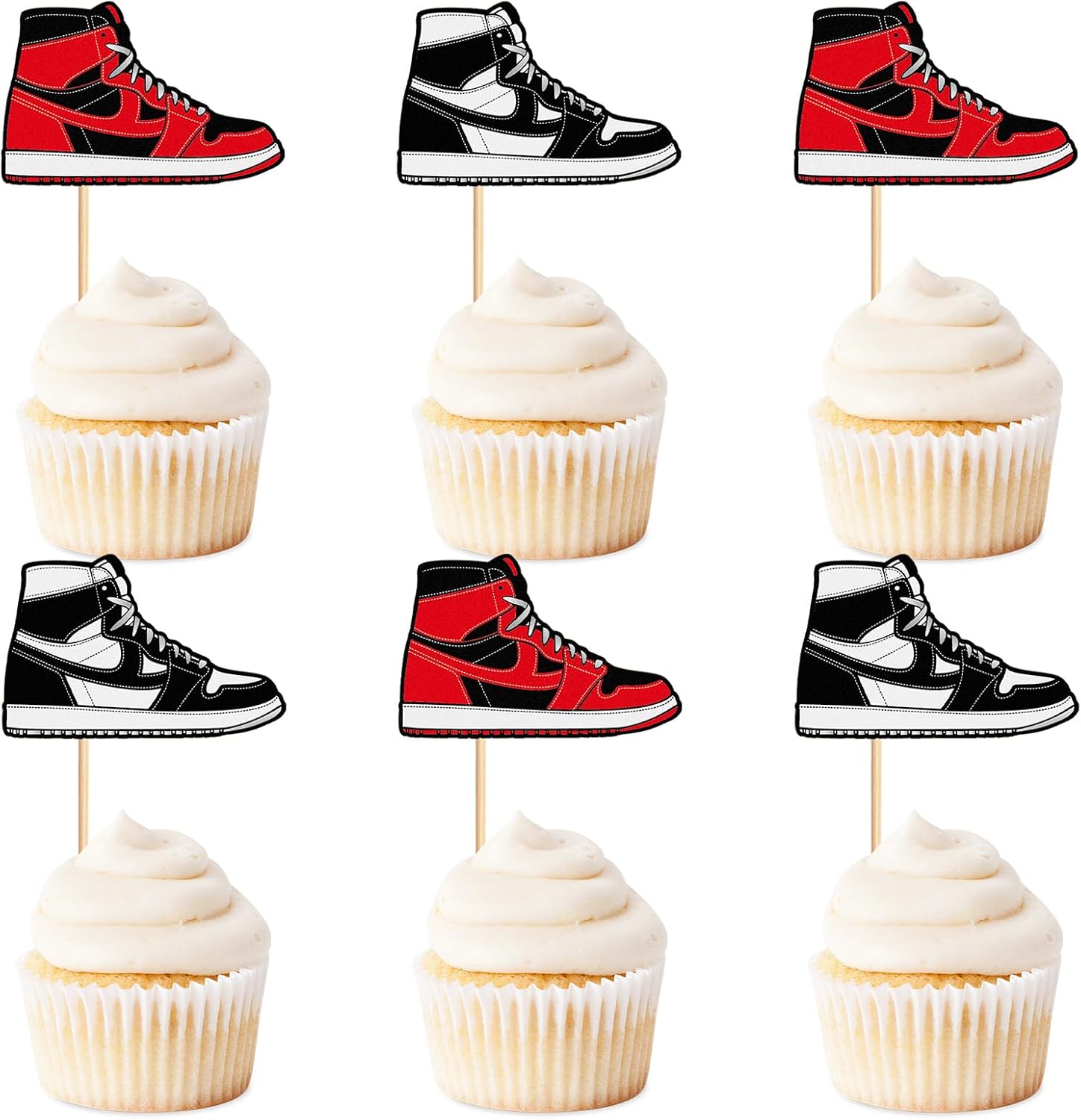 24Pcs Black Red Sneakers Cupcake Topper Popular Sneaker Cupcake Picks for Sneaker Birthday Sport Shoes Baby Shower Kids Sport Boys Funny Birthday Party Cupcake Cake Decorations