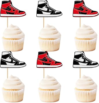 24Pcs Black Red Sneakers Cupcake Topper Popular Sneaker Cupcake Picks for Sneaker Birthday Sport Shoes Baby Shower Kids Sport Boys Funny Birthday Party Cupcake Cake Decorations