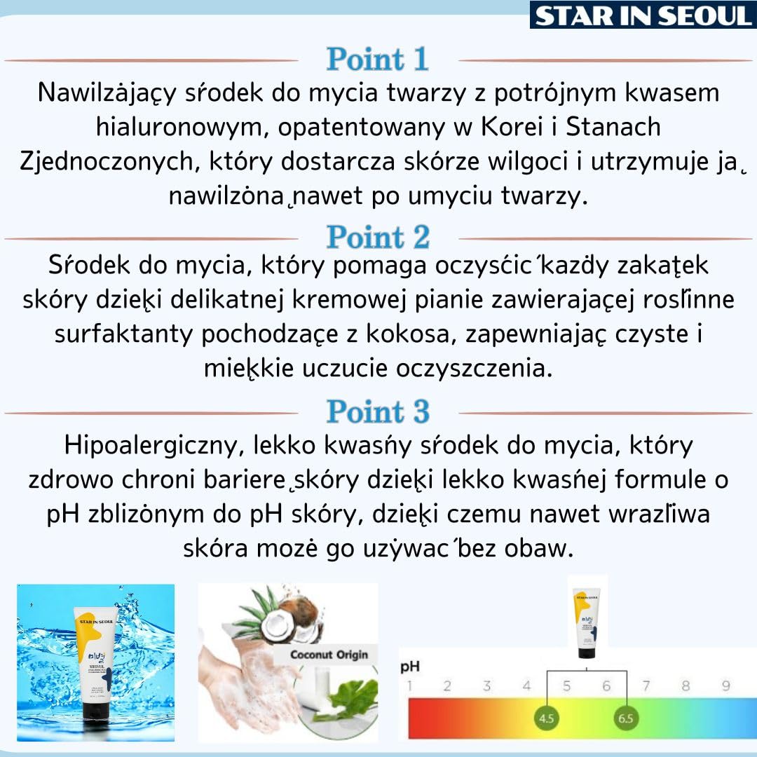 [STAR IN SEOUL] MIBYUL PIANKA OCZYSZCZAJĄCA Z KWASEM HIALURONOWYM, 150 ml, nawilżająca pianka oczyszczająca, polecana do skóry suchej i wrażliwej, Koreański wegański preparat do oczyszczania skóry.