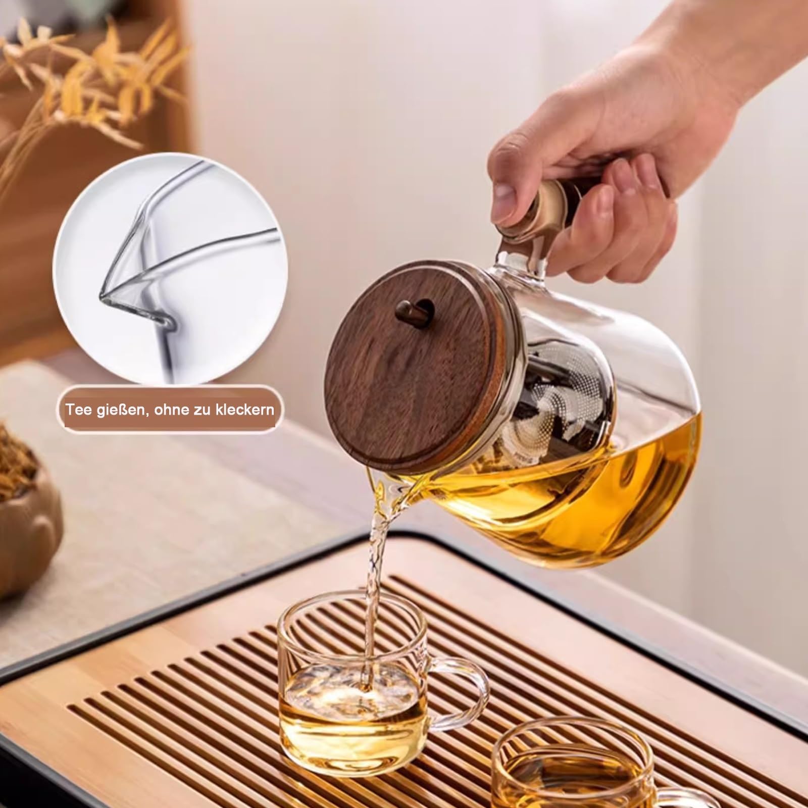 Teekanne aus Glas mit Sieb, hitzebeständige Teekanne aus Glas, 600 ml, mit Griff und Ausguss aus Walnussholz, herdplattensicherer Teekessel, transparente Teekanne mit Sieb for losen Tee(Transparent)