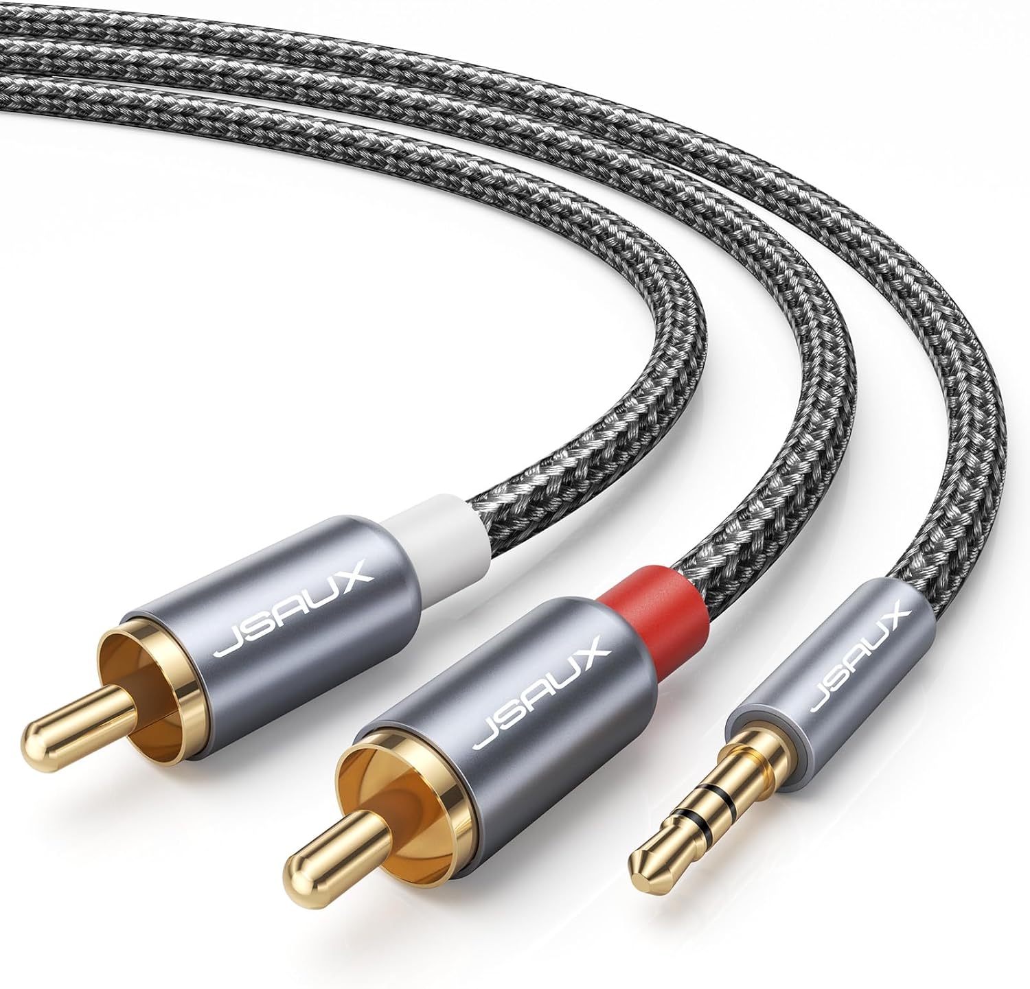 JSAUX 4ft/1.2M Aux to RCA Headphone Male to Male Jack Adapter Nylon Braided 1/8 to RCA Audio Y Cord for Smartphones, MP3, Tablets, Speakers, HDTV - Grey