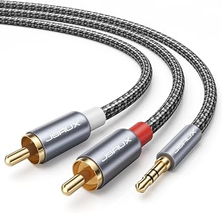 JSAUX 15ft/4.5M Aux to RCA Headphone Male to Male Jack Adapter Nylon Braided 1/8 to RCA Audio Y Cord for Smartphones, MP3, Tablets, Speakers, HDTV - Grey