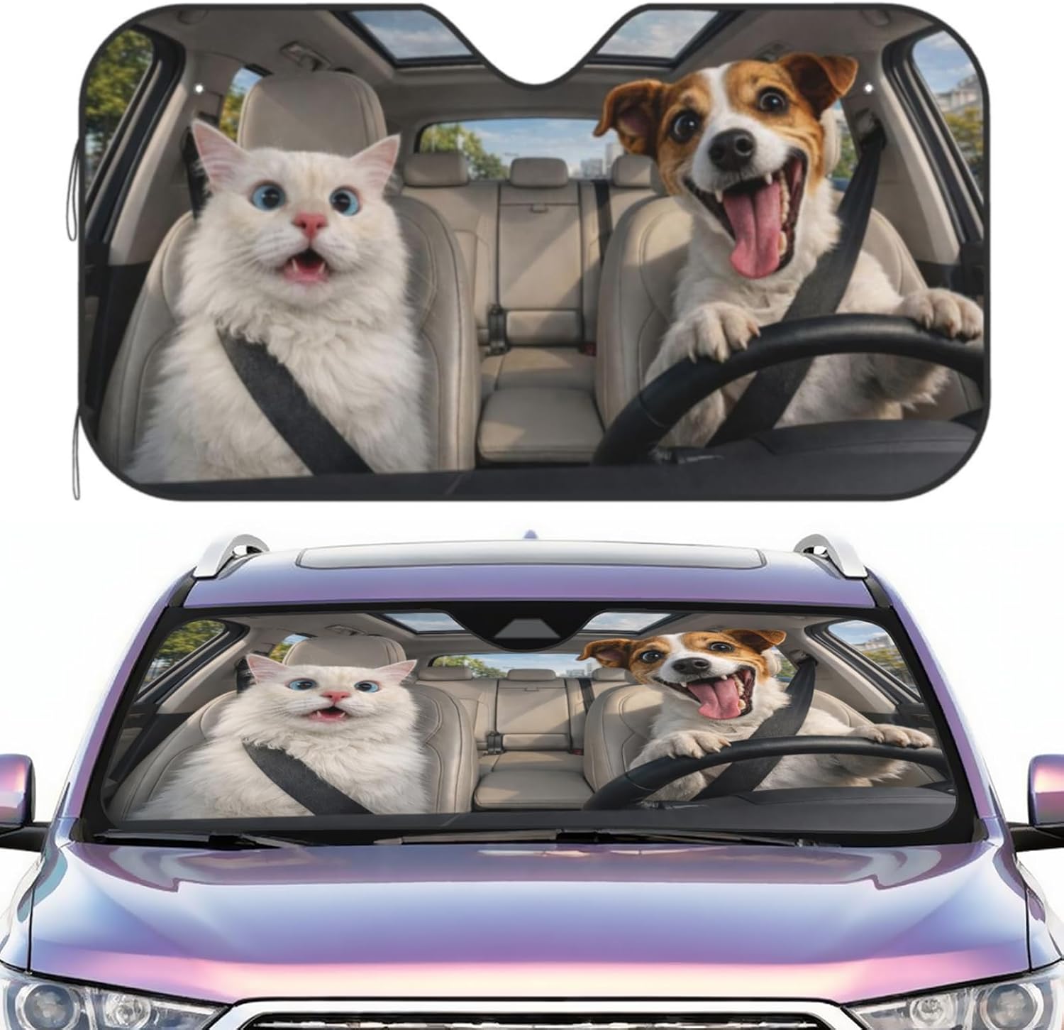 Car Windshield Sunshade with Funny Meme Dog Cat Driving Print, Blocks UV Rays Keeps Interior Cool, Foldable Front Window Sun Visor Protector, Universal Fit Sedan SUV Truck