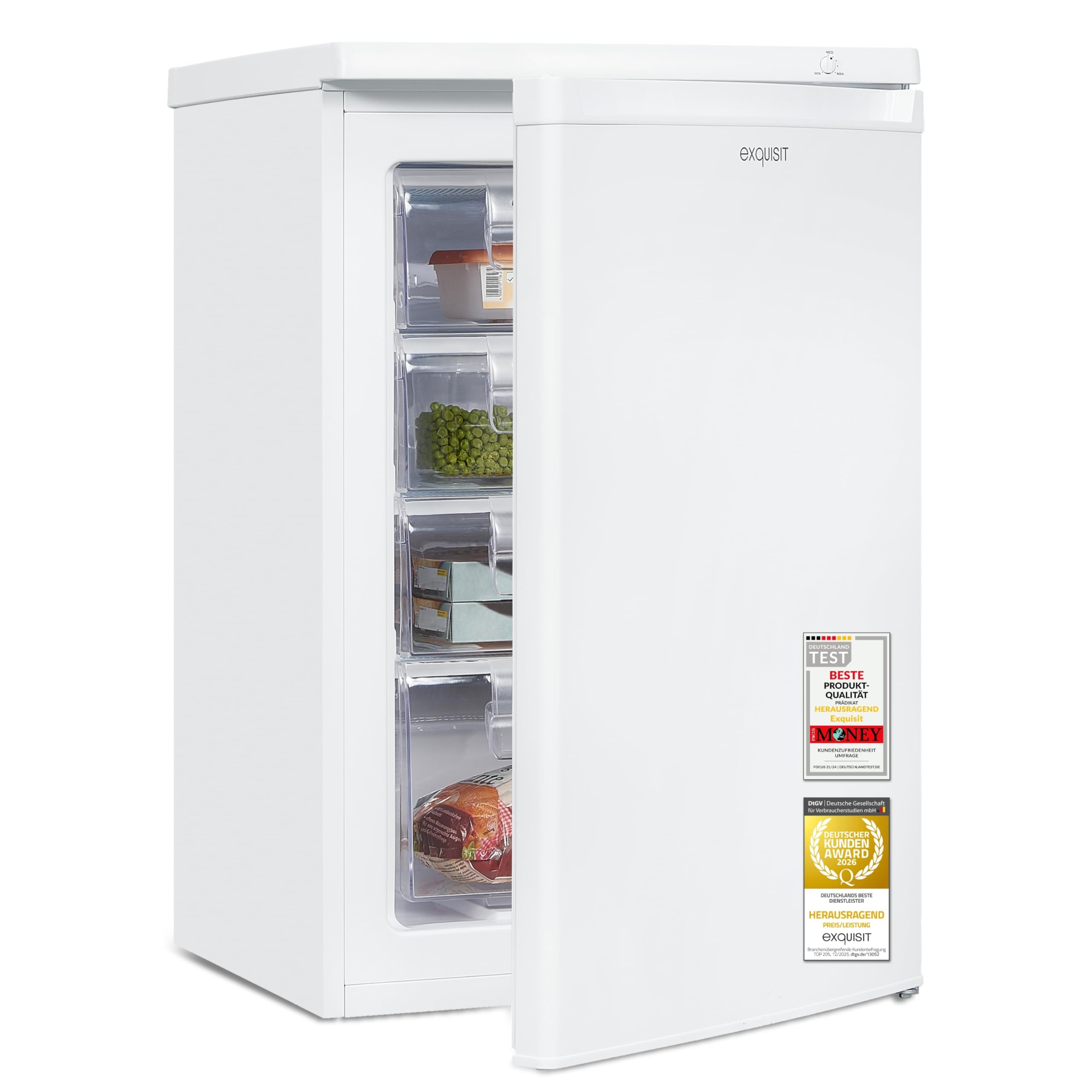 Exquisit Gefrierschrank | 91 l Nutzinhalt, Energieeffizienzklasse E, 40 dB(A) | kompakte Bauform, 4-Sterne-Gefrieren, manuelle Temperaturregelung, wechselbarer Türanschlag | GS512-040E weiss