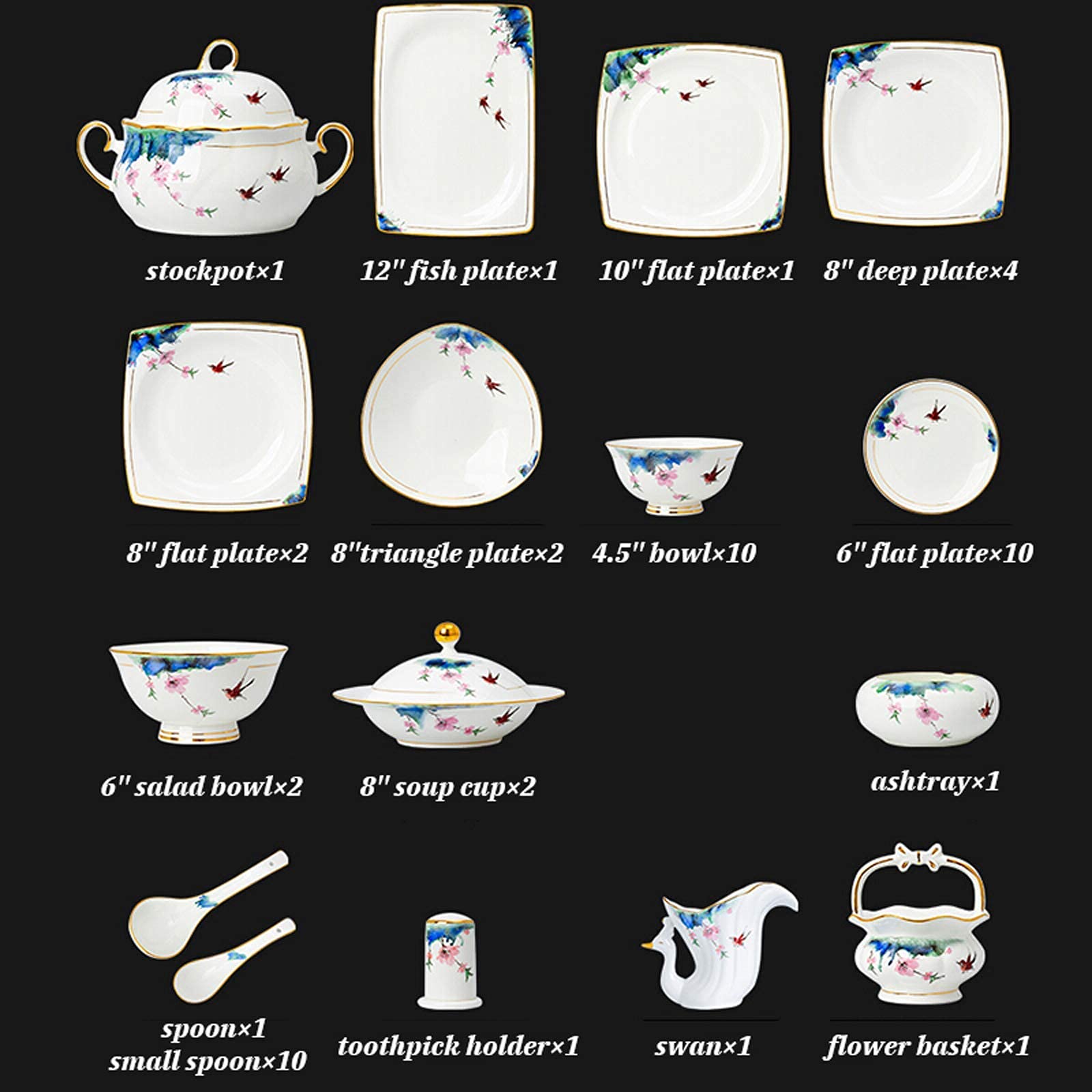 Klasyczny Ceramiczny Zestaw Obiadowy, Garnek Do Zupy, Talerz I Miska | 50-Elementowy Zestaw Obiadowy Z Wysokiej Jakości Porcelany Kostnej Na Prezent Ślubny I Przyjęcie Św