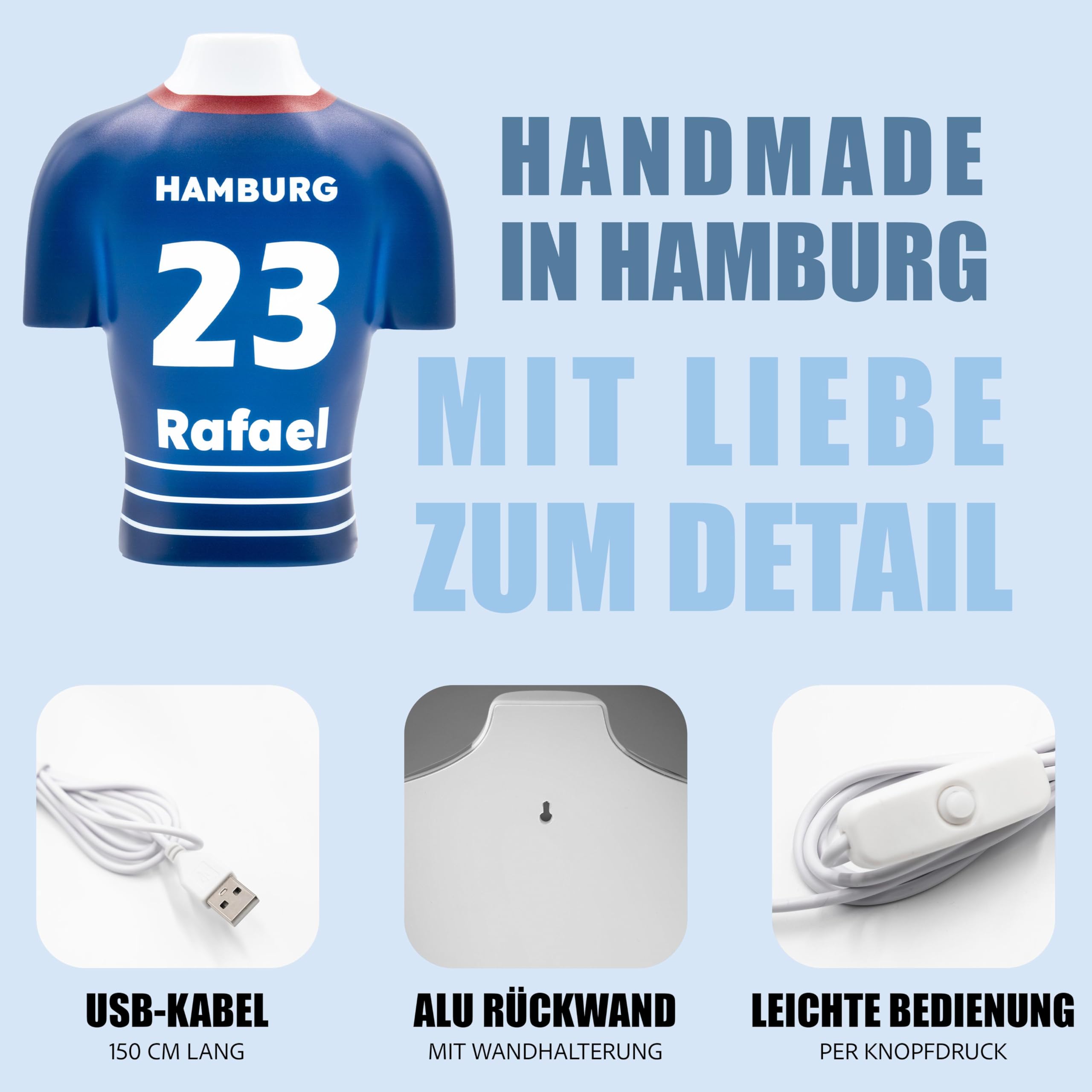 Fussball Trikot Lampe mit Namen – LED Nachtlicht Kinder, personalisierte Geschenke für Männer, Einzigartige Wanddeko für Fussball-Fans, Fußball Sachen für Jungen [Blau-Weiß | 25x30 cm]