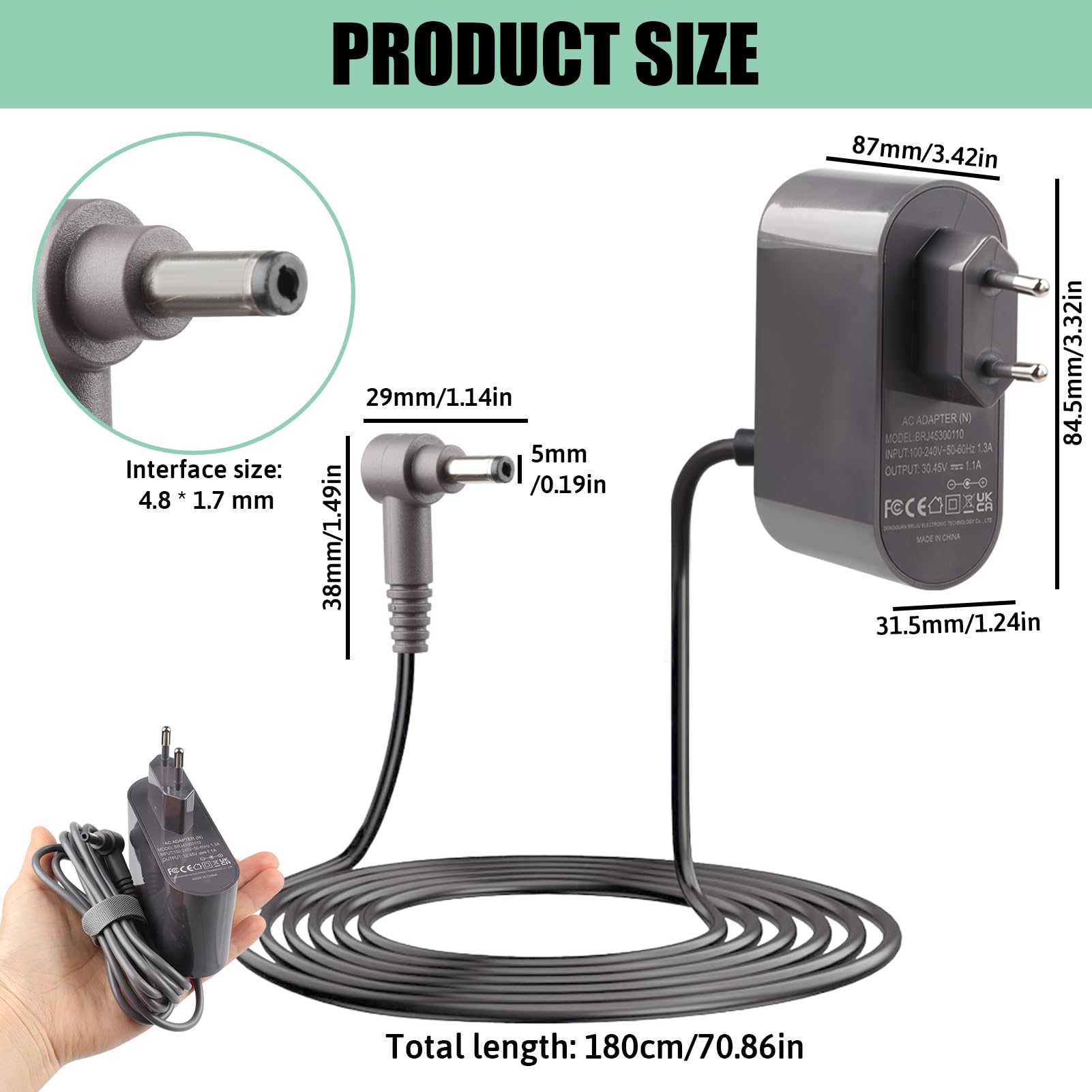 30.45V Cargador Adaptador para Dyson V10 V11 V12 V15 SV12 SV14 SV15 SV16 SV20 SV22 217160-03 969350-03 33W Adaptador de Corriente para Absolute Animal Motorhead Aspiradora, Alimentación Cable 1.8M — view 6