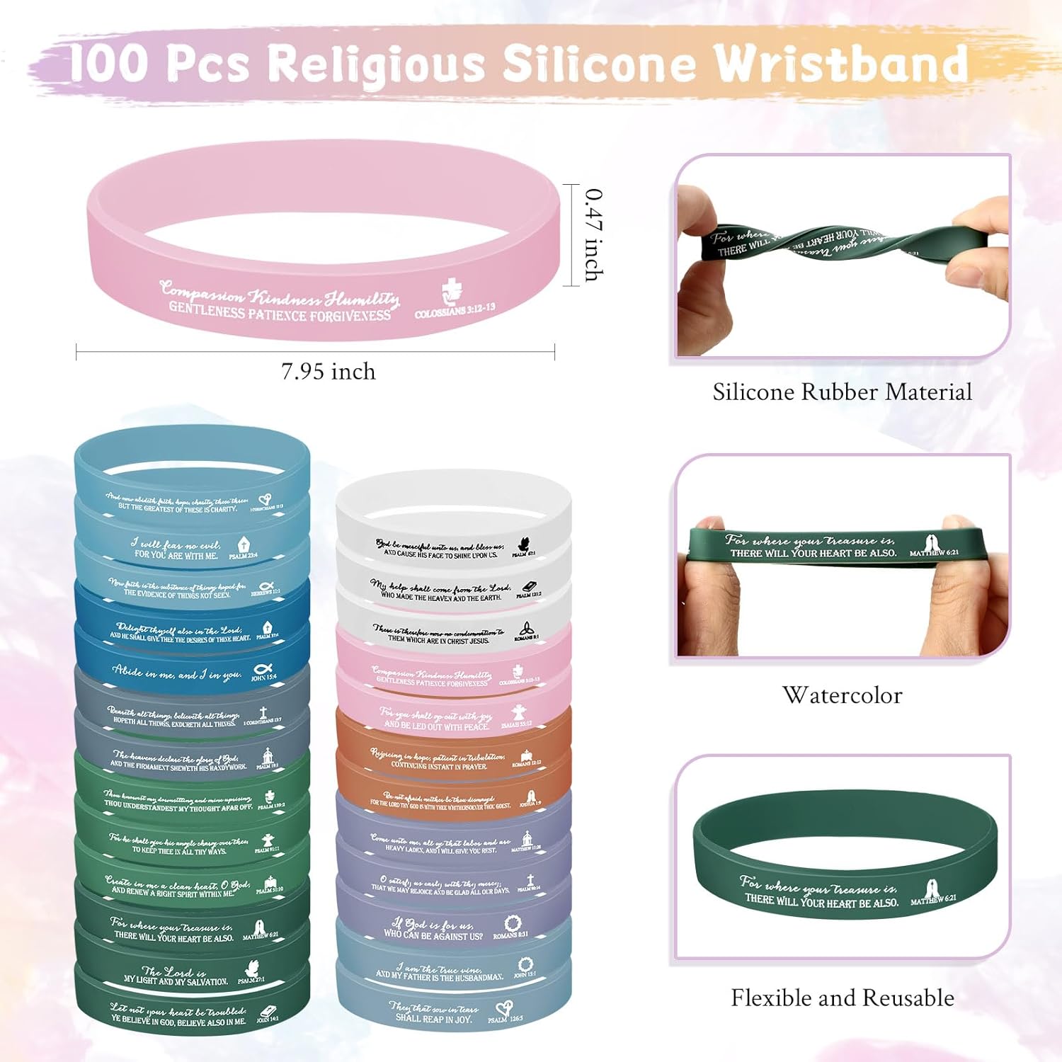 Feifeiya 100 Set Employee Appreciation Gifts Bulk Christian Pens Religious Silicone Wristband Watercolor Bible Emergency Numbers Bookmark Church Gift for Coworker Staff Volunteer Easter Sunday School